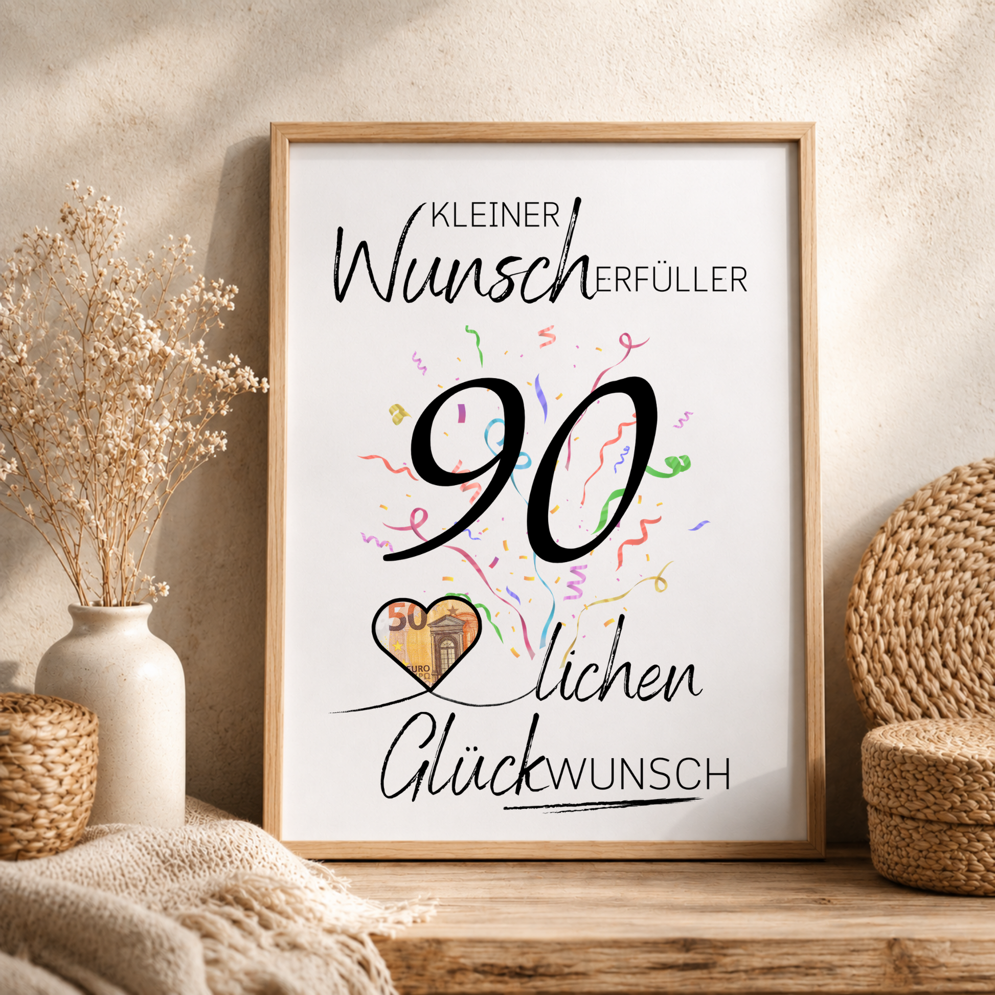 Geldgeschenk 90. Geburtstag Printable mit Konfetti, großer Zahl 90, Herz für Geldschein und Schriftzug Kleiner Wunscherfüller lichen Glückwunsch als Digital Download zum Ausdrucken