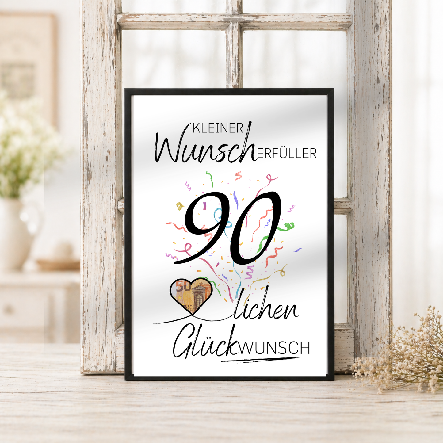 Geldgeschenk 90. Geburtstag Printable mit Konfetti, großer Zahl 90, Herz für Geldschein und Schriftzug Kleiner Wunscherfüller lichen Glückwunsch als Digital Download zum Ausdrucken