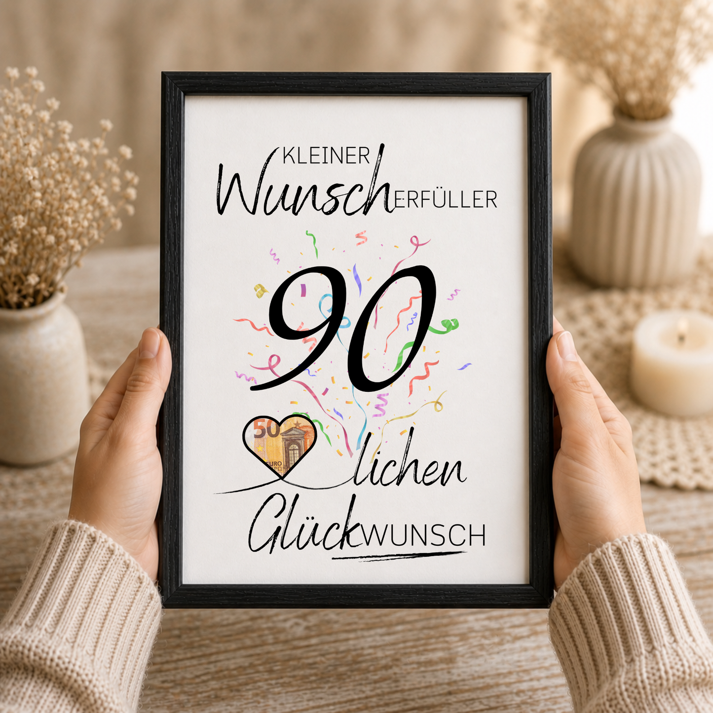 Geldgeschenk 90. Geburtstag Printable mit Konfetti, großer Zahl 90, Herz für Geldschein und Schriftzug Kleiner Wunscherfüller lichen Glückwunsch als Digital Download zum Ausdrucken