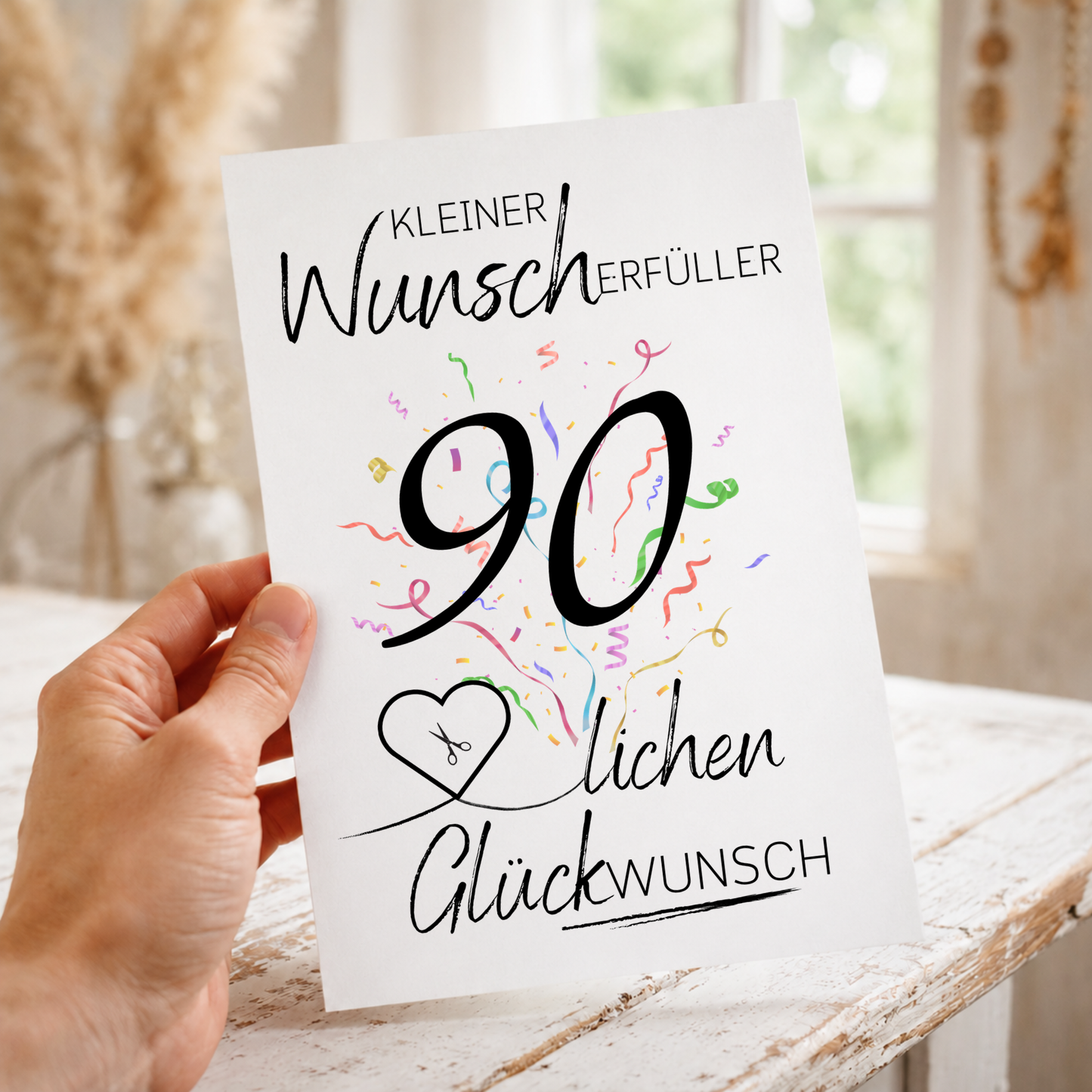 Geldgeschenk 90. Geburtstag Printable mit Konfetti, großer Zahl 90, Herz für Geldschein und Schriftzug Kleiner Wunscherfüller lichen Glückwunsch als Digital Download zum Ausdrucken