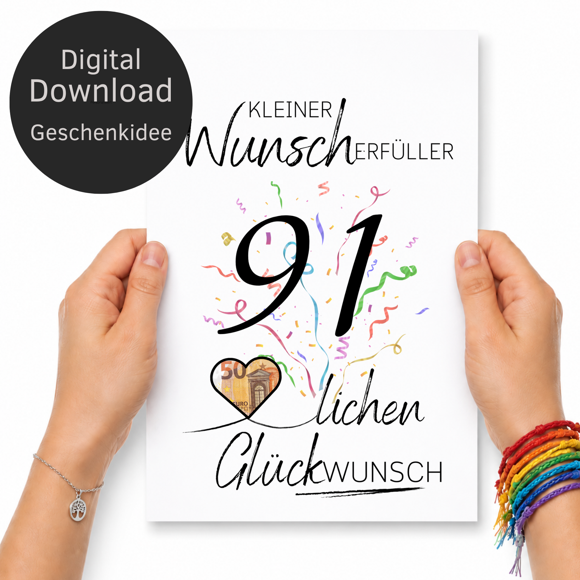 Geldgeschenk 91. Geburtstag Printable mit Konfetti, schwarzer Typografie, Herz für Geldschein und Schriftzug Kleiner Wunscherfüller Glückwunsch zum Ausdrucken DIN A4