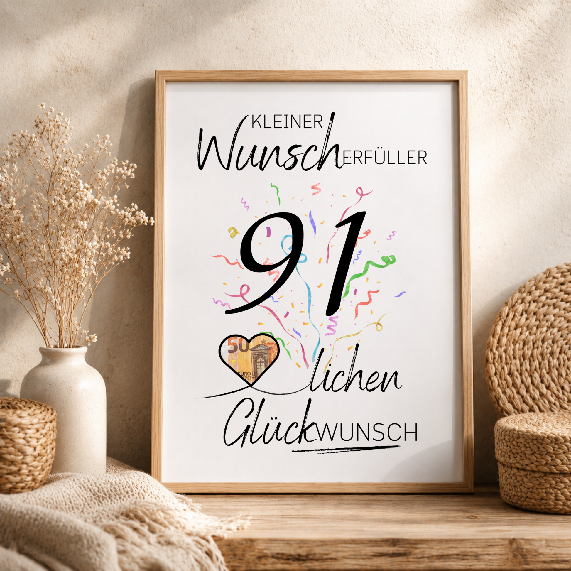 Geldgeschenk 91. Geburtstag Printable mit Konfetti, schwarzer Typografie, Herz für Geldschein und Schriftzug Kleiner Wunscherfüller Glückwunsch zum Ausdrucken DIN A4