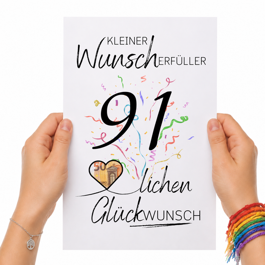 Geldgeschenk 91. Geburtstag Printable mit Konfetti, schwarzer Typografie, Herz für Geldschein und Schriftzug Kleiner Wunscherfüller Glückwunsch zum Ausdrucken DIN A4