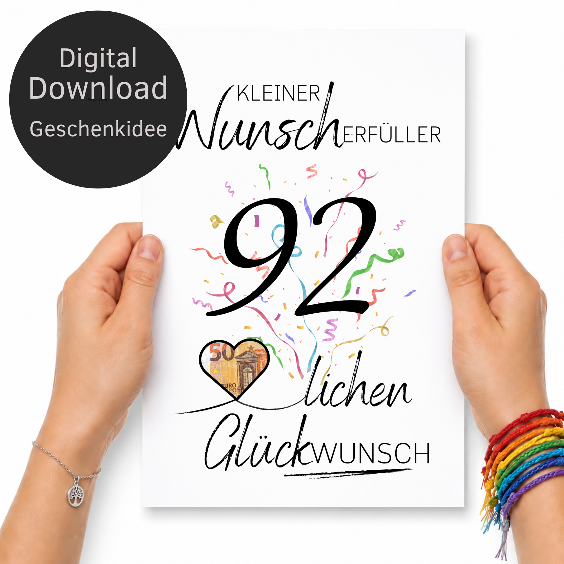 Geldgeschenk 92. Geburtstag Printable mit Konfetti, Herz für Geldschein, Schriftzug Kleiner Wunscherfüller und Glückwunsch, Digital Download DIN A4