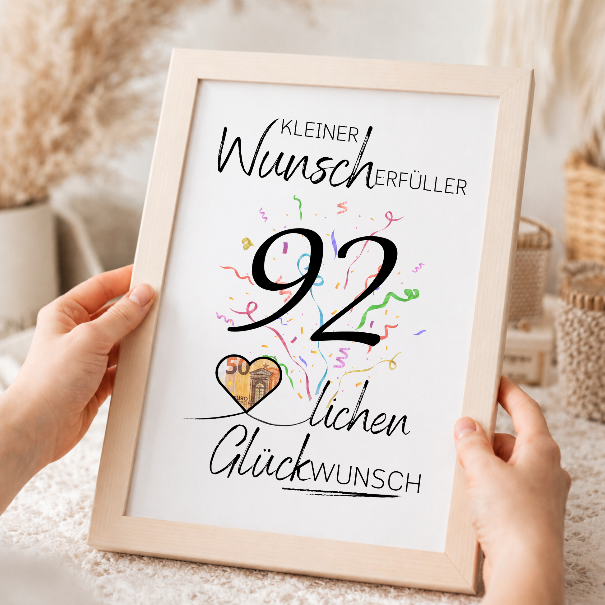 Geldgeschenk 92. Geburtstag Printable mit Konfetti, Herz für Geldschein, Schriftzug Kleiner Wunscherfüller und Glückwunsch, Digital Download DIN A4