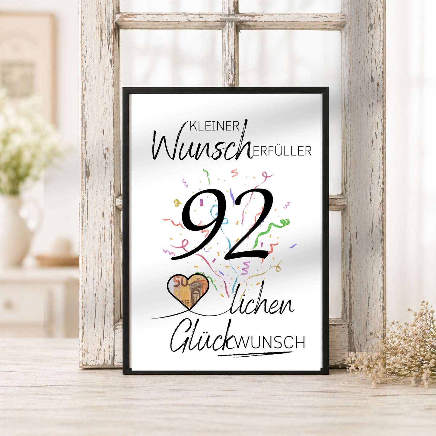 Geldgeschenk 92. Geburtstag Printable mit Konfetti, Herz für Geldschein, Schriftzug Kleiner Wunscherfüller und Glückwunsch, Digital Download DIN A4