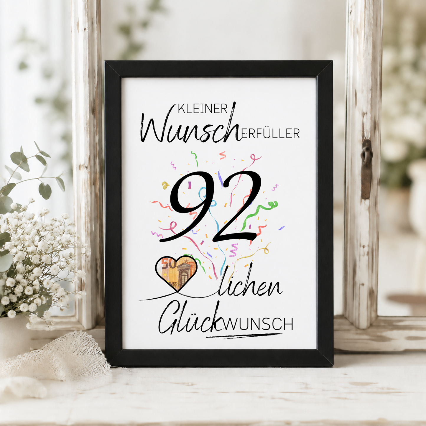 Geldgeschenk 92. Geburtstag Printable mit Konfetti, Herz für Geldschein, Schriftzug Kleiner Wunscherfüller und Glückwunsch, Digital Download DIN A4