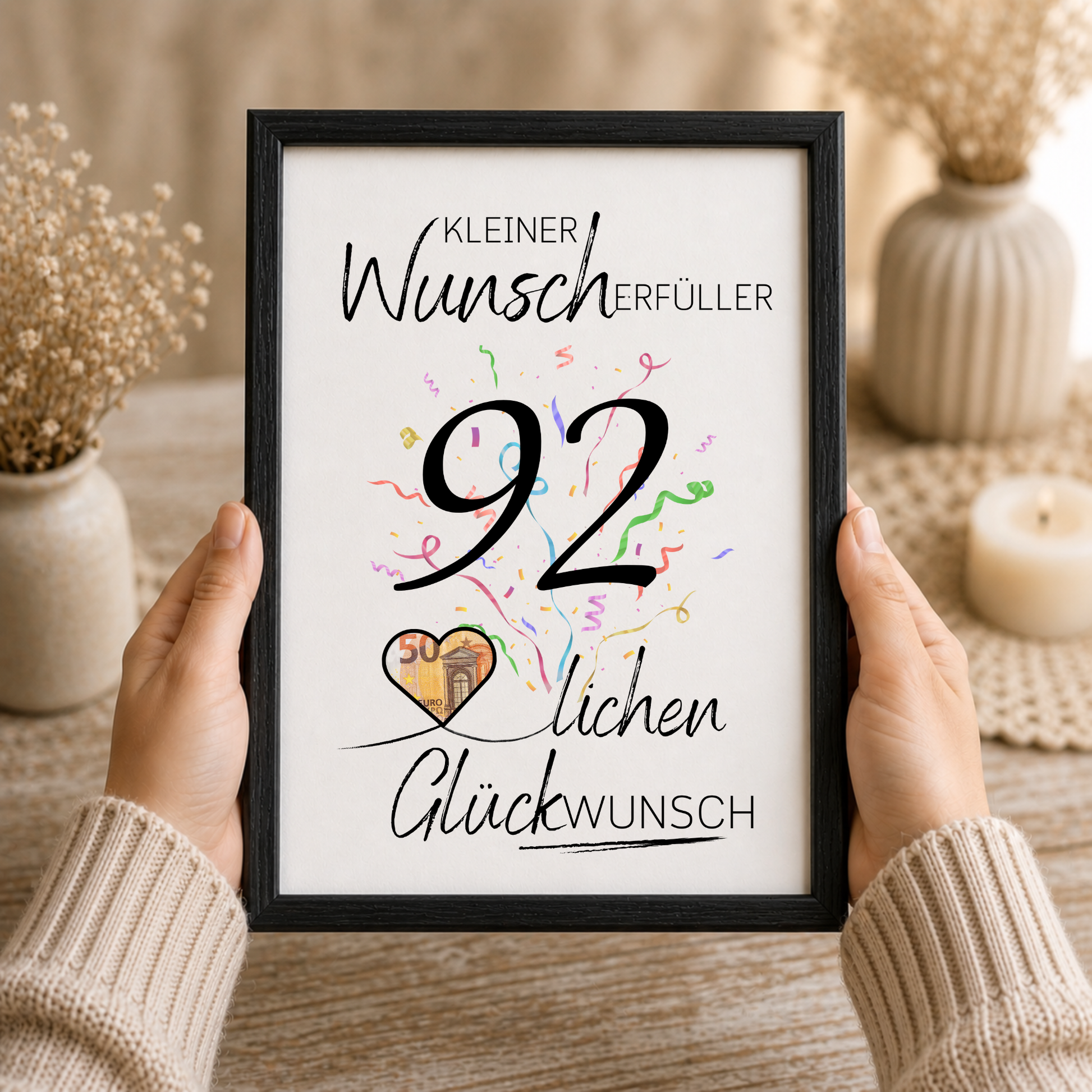 Geldgeschenk 92. Geburtstag Printable mit Konfetti, Herz für Geldschein, Schriftzug Kleiner Wunscherfüller und Glückwunsch, Digital Download DIN A4