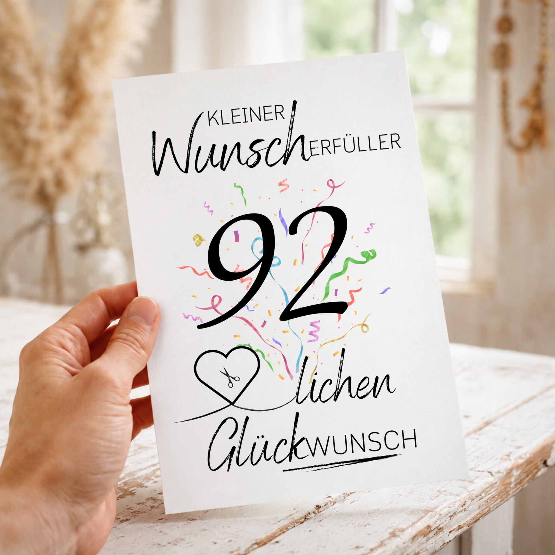 Geldgeschenk 92. Geburtstag Printable mit Konfetti, Herz für Geldschein, Schriftzug Kleiner Wunscherfüller und Glückwunsch, Digital Download DIN A4