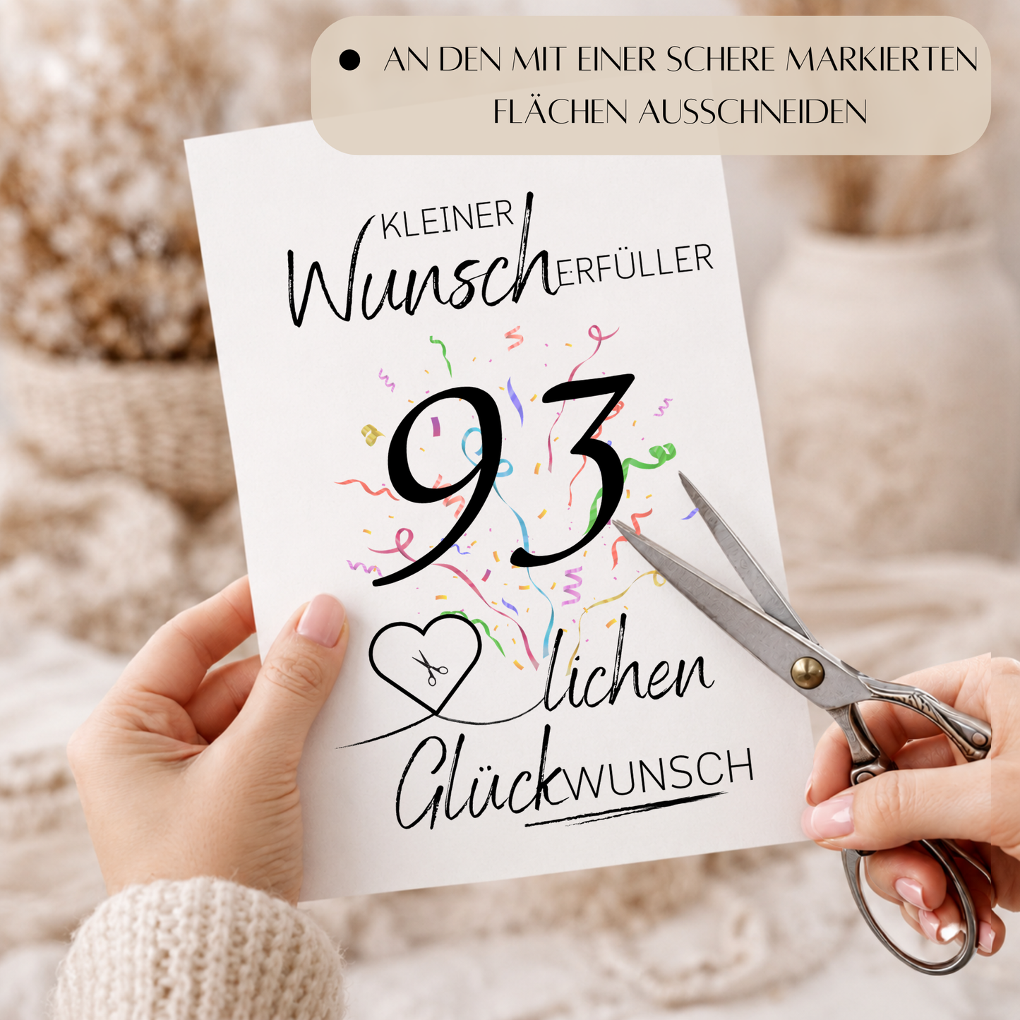 Geldgeschenk 93. Geburtstag Printable mit Konfetti, großer Zahl 93, Herz für Geldschein, Wunscherfüller Vorlage zum Ausschneiden und Ausdrucken DIN A4