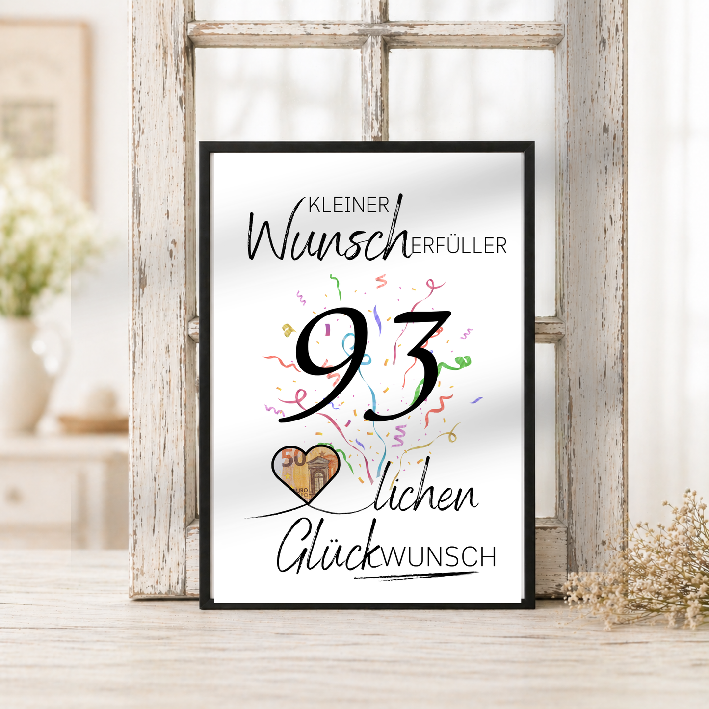 Geldgeschenk 93. Geburtstag Printable mit Konfetti, großer Zahl 93, Herz für Geldschein, Wunscherfüller Vorlage zum Ausschneiden und Ausdrucken DIN A4