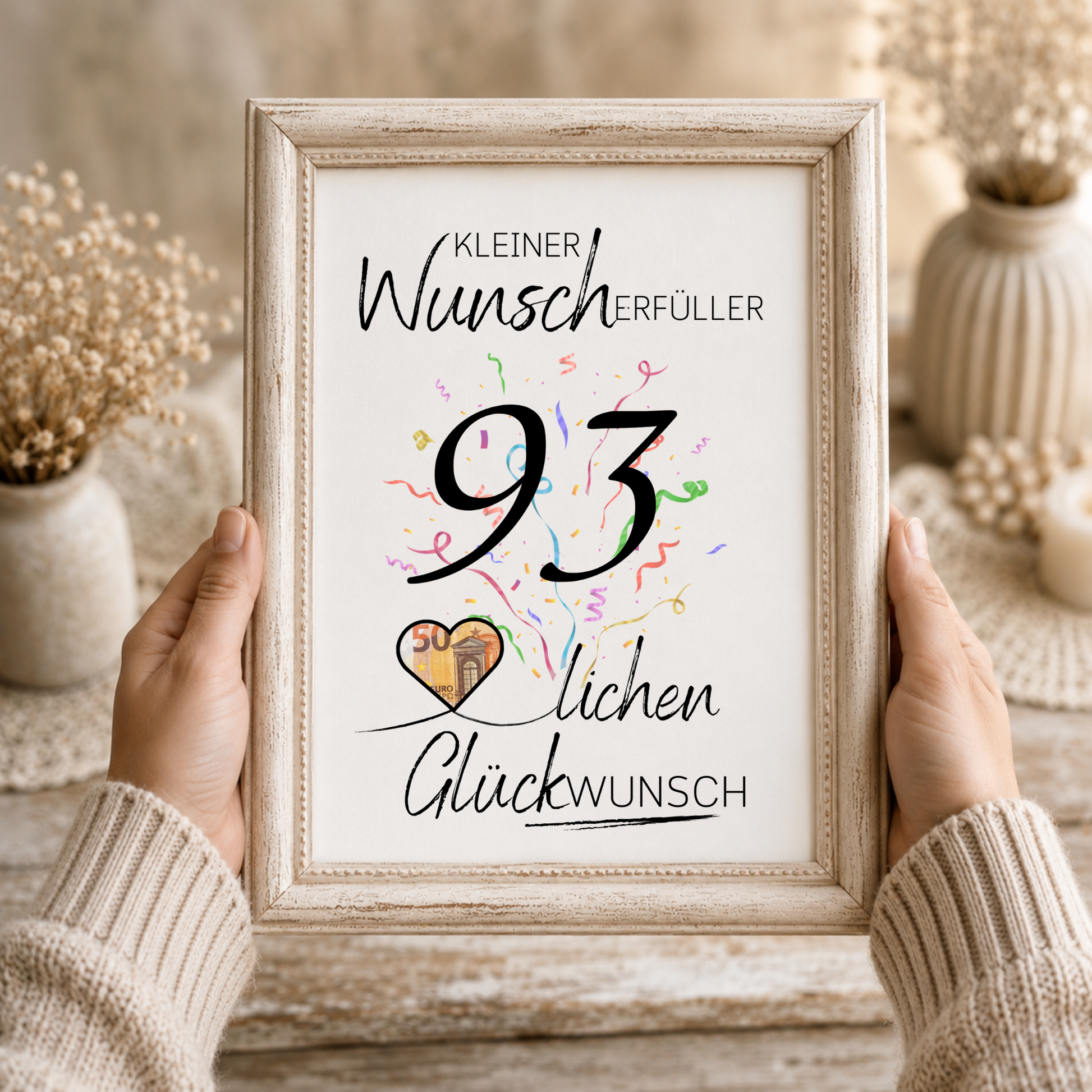 Geldgeschenk 93. Geburtstag Printable mit Konfetti, großer Zahl 93, Herz für Geldschein, Wunscherfüller Vorlage zum Ausschneiden und Ausdrucken DIN A4