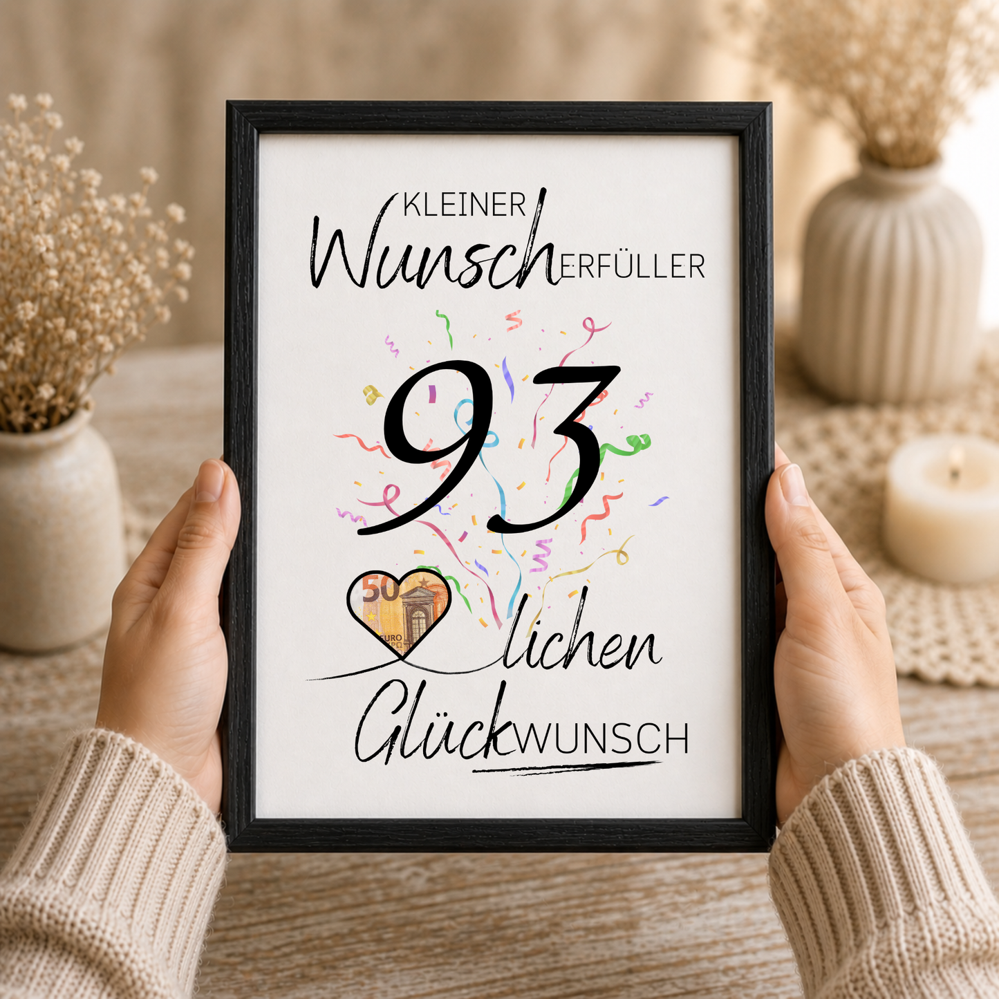 Geldgeschenk 93. Geburtstag Printable mit Konfetti, großer Zahl 93, Herz für Geldschein, Wunscherfüller Vorlage zum Ausschneiden und Ausdrucken DIN A4