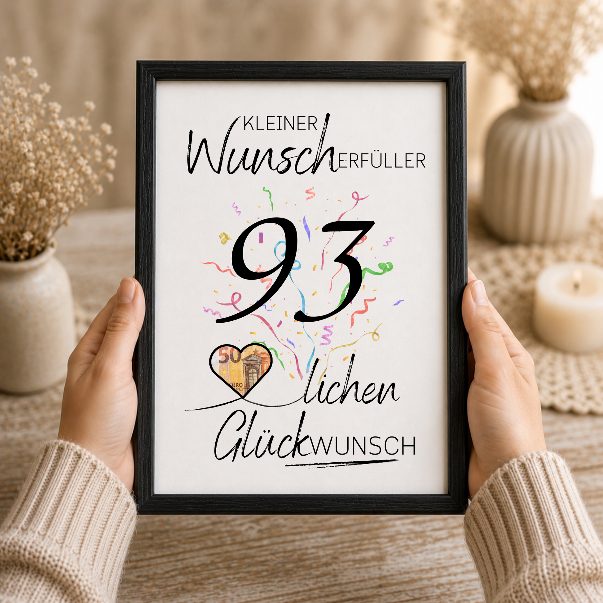 Geldgeschenk 93. Geburtstag Printable mit Konfetti, großer Zahl 93, Herz für Geldschein, Wunscherfüller Vorlage zum Ausschneiden und Ausdrucken DIN A4