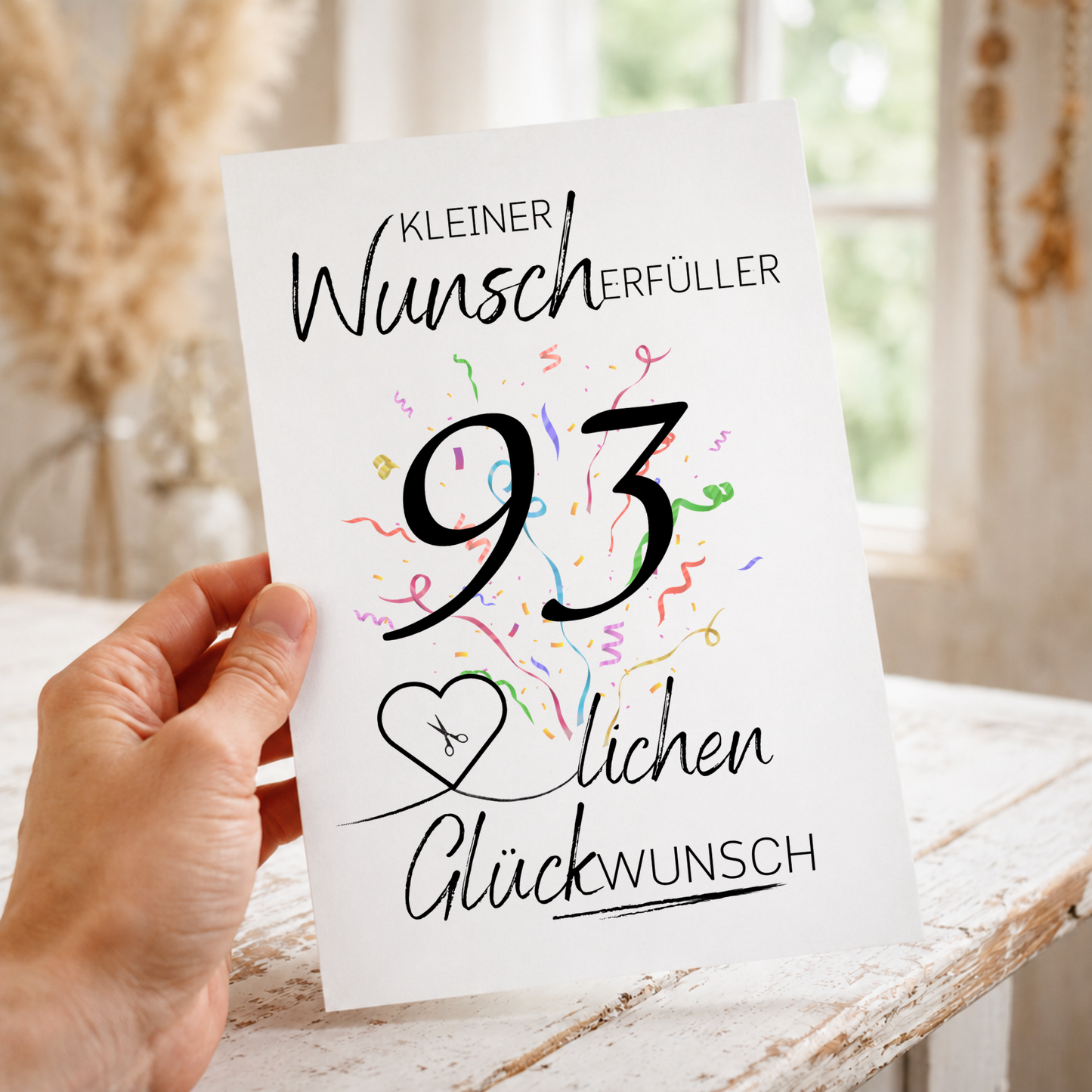 Geldgeschenk 93. Geburtstag Printable mit Konfetti, großer Zahl 93, Herz für Geldschein, Wunscherfüller Vorlage zum Ausschneiden und Ausdrucken DIN A4