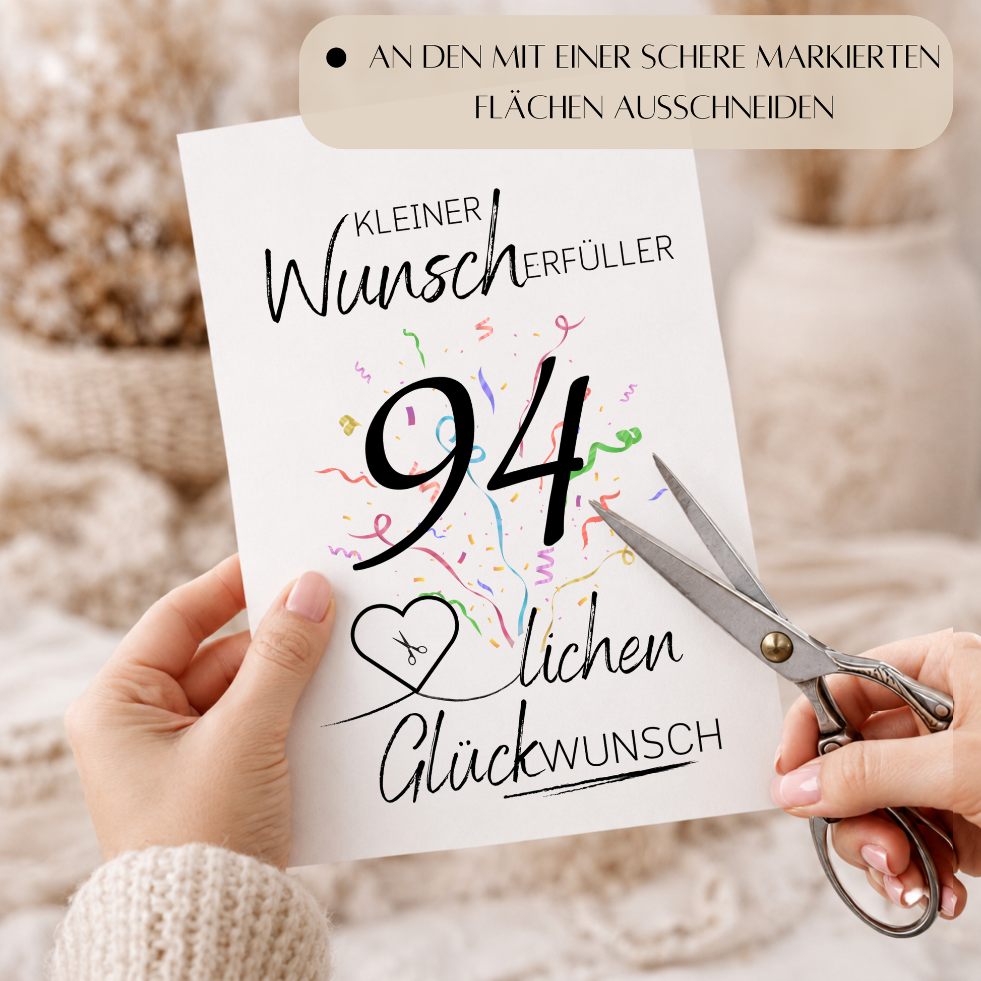 Geldgeschenk 94. Geburtstag Printable mit großer schwarzer 94, buntem Konfetti, Herz für Geldschein und Schriftzug Kleiner Wunscherfüller Glückwunsch zum Ausdrucken