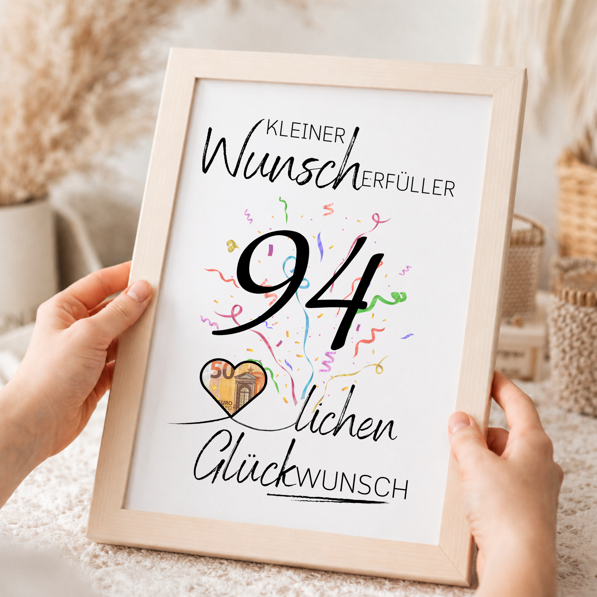Geldgeschenk 94. Geburtstag Printable mit großer schwarzer 94, buntem Konfetti, Herz für Geldschein und Schriftzug Kleiner Wunscherfüller Glückwunsch zum Ausdrucken