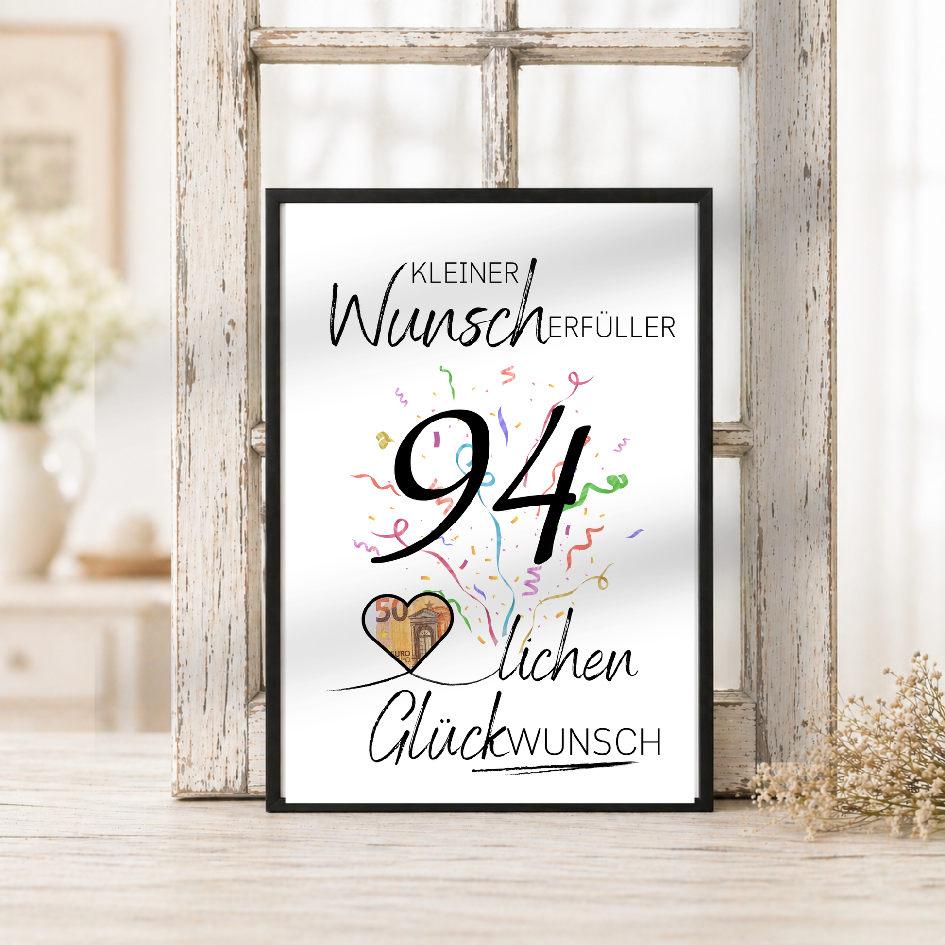 Geldgeschenk 94. Geburtstag Printable mit großer schwarzer 94, buntem Konfetti, Herz für Geldschein und Schriftzug Kleiner Wunscherfüller Glückwunsch zum Ausdrucken