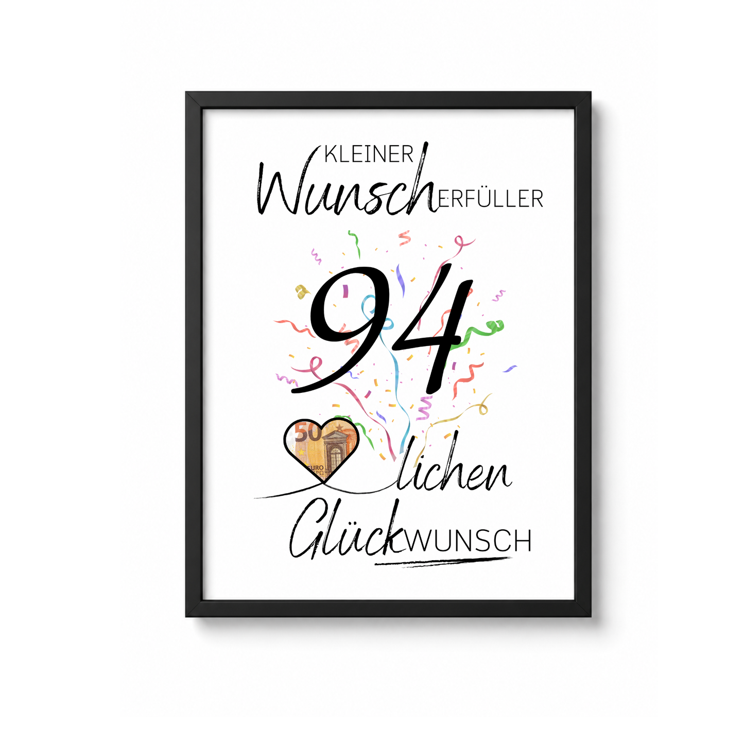 Geldgeschenk 94. Geburtstag Printable mit großer schwarzer 94, buntem Konfetti, Herz für Geldschein und Schriftzug Kleiner Wunscherfüller Glückwunsch zum Ausdrucken