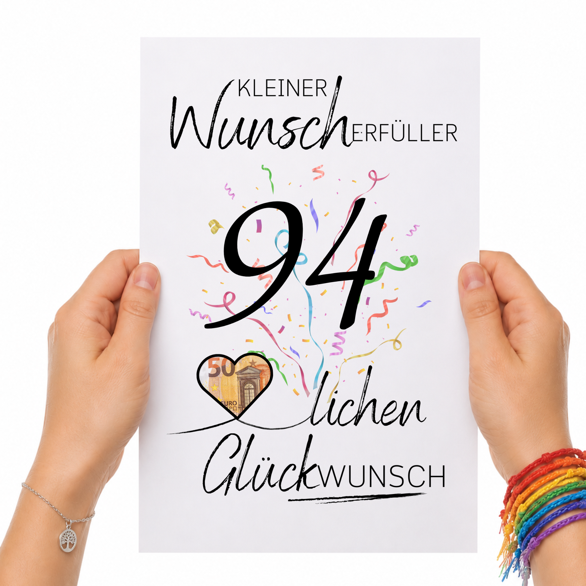 Geldgeschenk 94. Geburtstag Printable mit großer schwarzer 94, buntem Konfetti, Herz für Geldschein und Schriftzug Kleiner Wunscherfüller Glückwunsch zum Ausdrucken