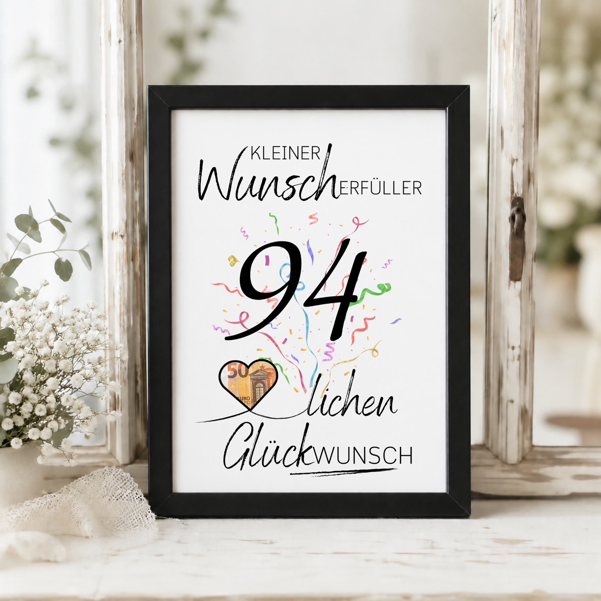 Geldgeschenk 94. Geburtstag Printable mit großer schwarzer 94, buntem Konfetti, Herz für Geldschein und Schriftzug Kleiner Wunscherfüller Glückwunsch zum Ausdrucken