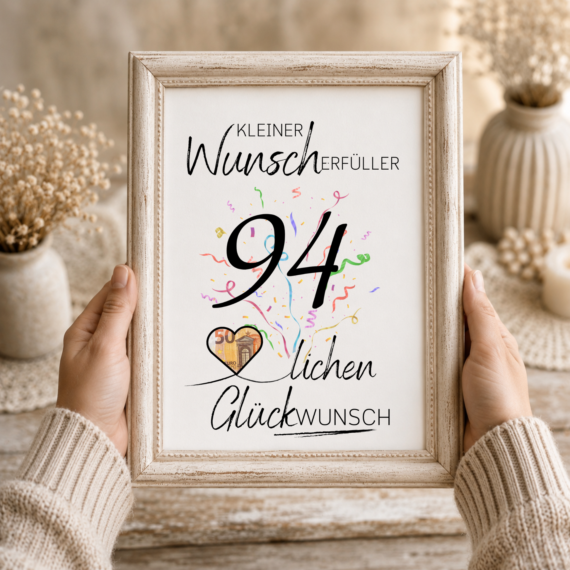 Geldgeschenk 94. Geburtstag Printable mit großer schwarzer 94, buntem Konfetti, Herz für Geldschein und Schriftzug Kleiner Wunscherfüller Glückwunsch zum Ausdrucken