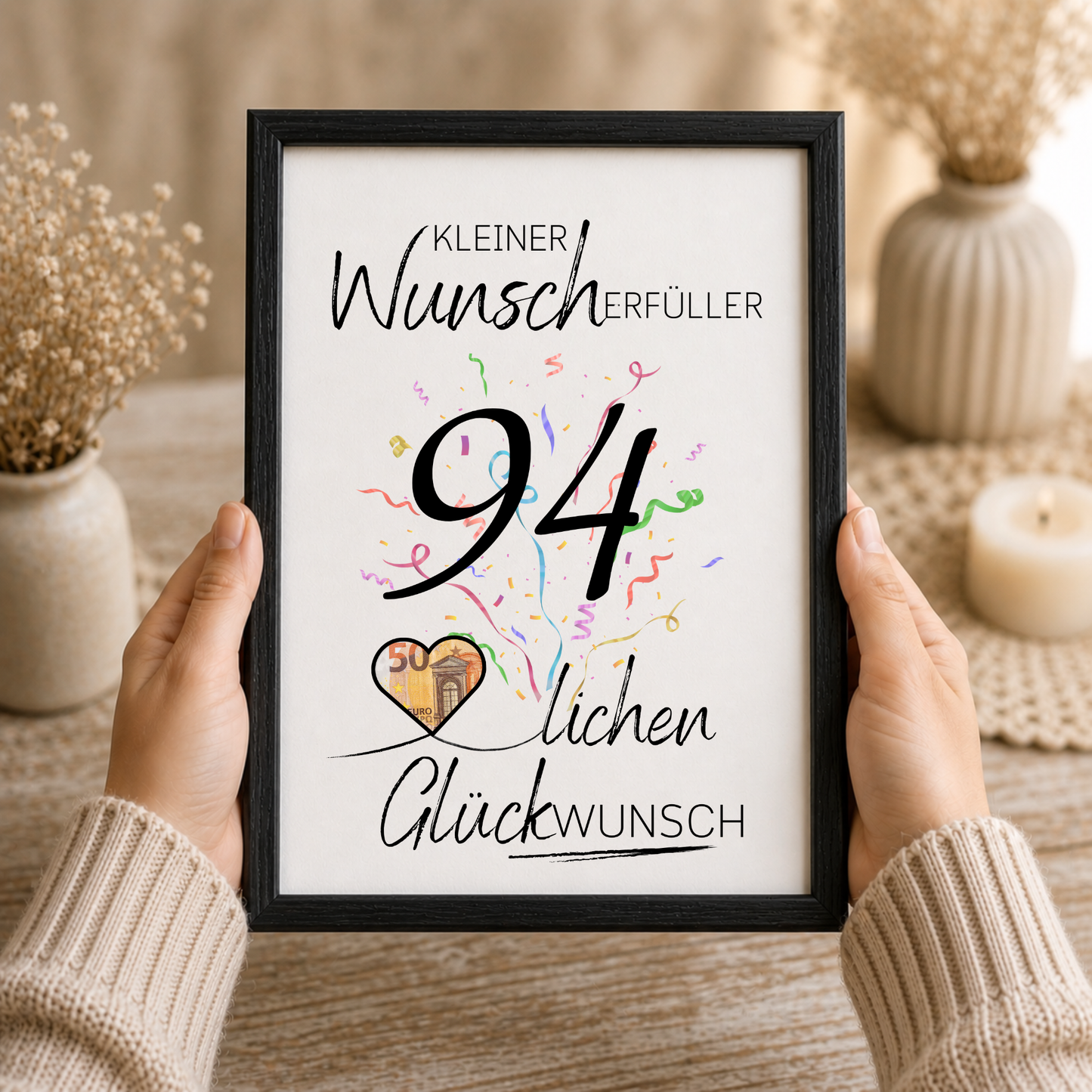 Geldgeschenk 94. Geburtstag Printable mit großer schwarzer 94, buntem Konfetti, Herz für Geldschein und Schriftzug Kleiner Wunscherfüller Glückwunsch zum Ausdrucken