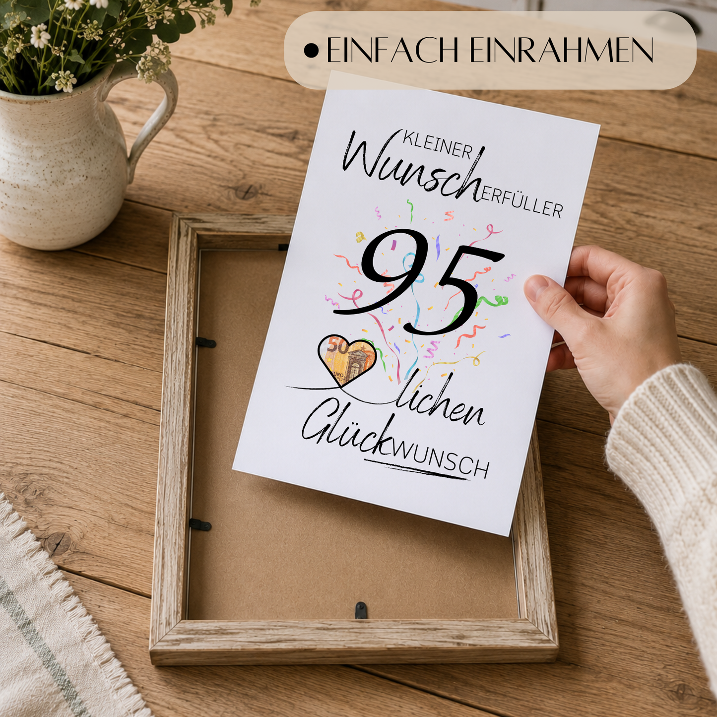 Geldgeschenk 95. Geburtstag Printable mit Konfetti, Schriftzug Kleiner Wunscherfüller, Herzmotiv für Geldschein und modernem Geburtstagsdesign zum Ausdrucken