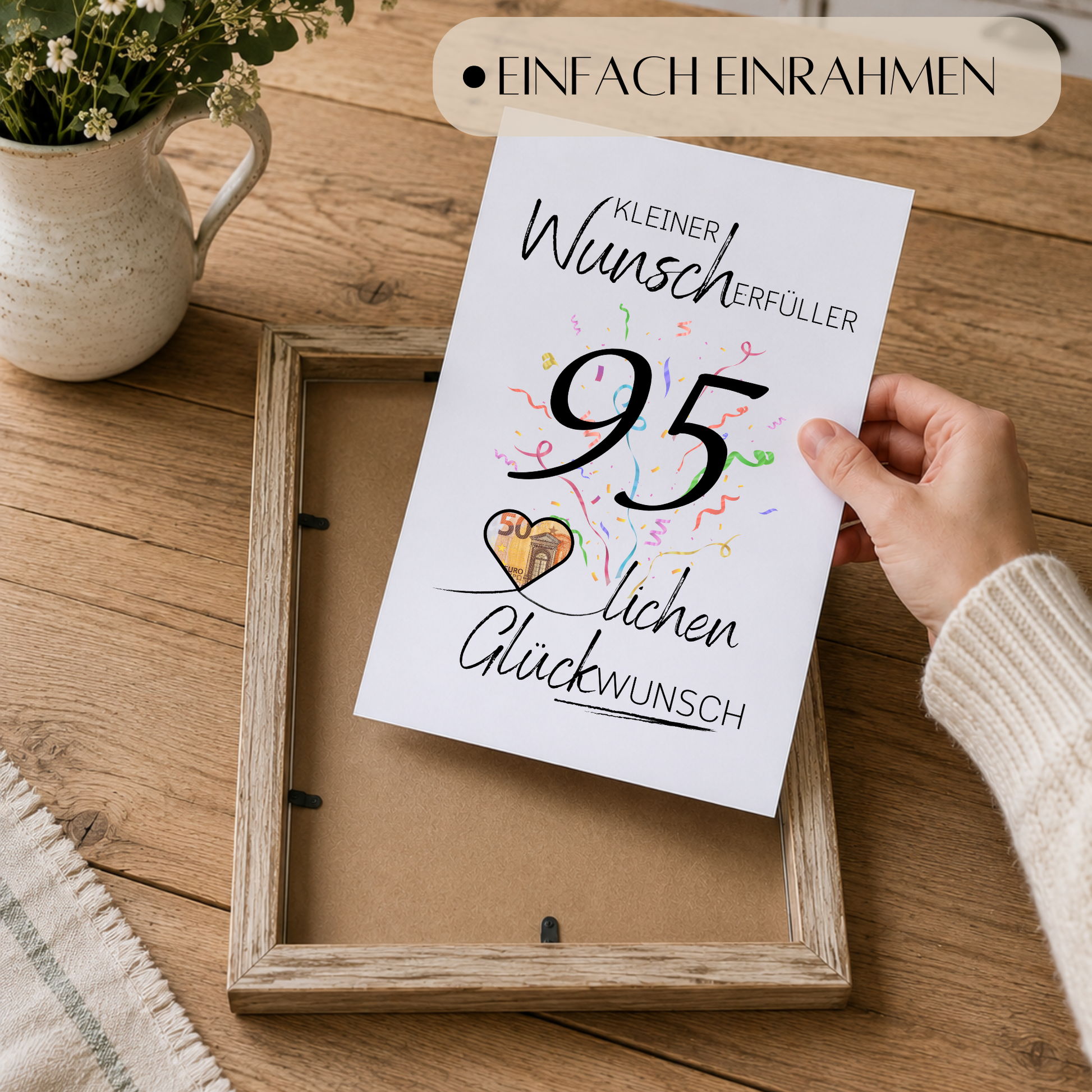 Geldgeschenk 95. Geburtstag Printable mit Konfetti, Schriftzug Kleiner Wunscherfüller, Herzmotiv für Geldschein und modernem Geburtstagsdesign zum Ausdrucken