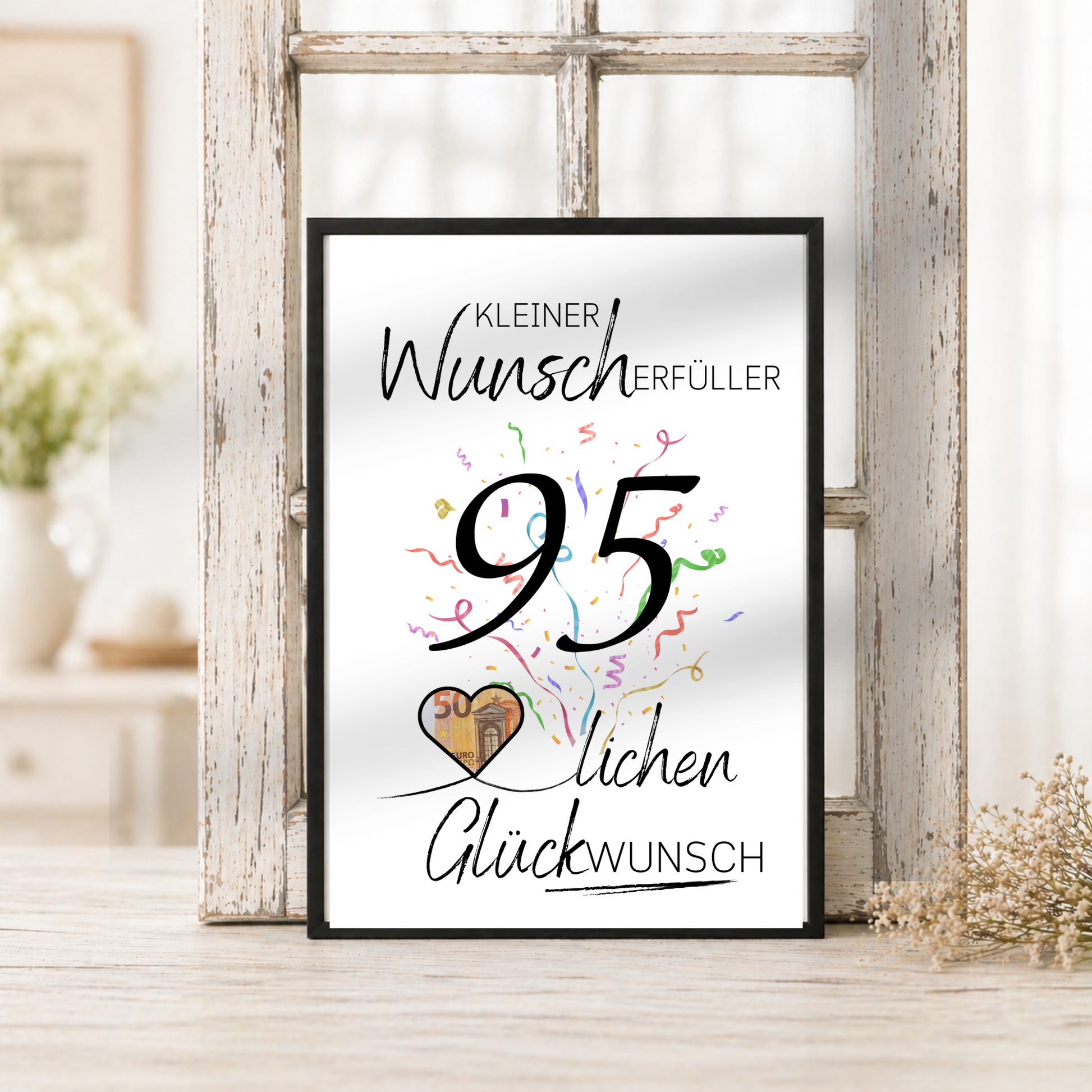 Geldgeschenk 95. Geburtstag Printable mit Konfetti, Schriftzug Kleiner Wunscherfüller, Herzmotiv für Geldschein und modernem Geburtstagsdesign zum Ausdrucken