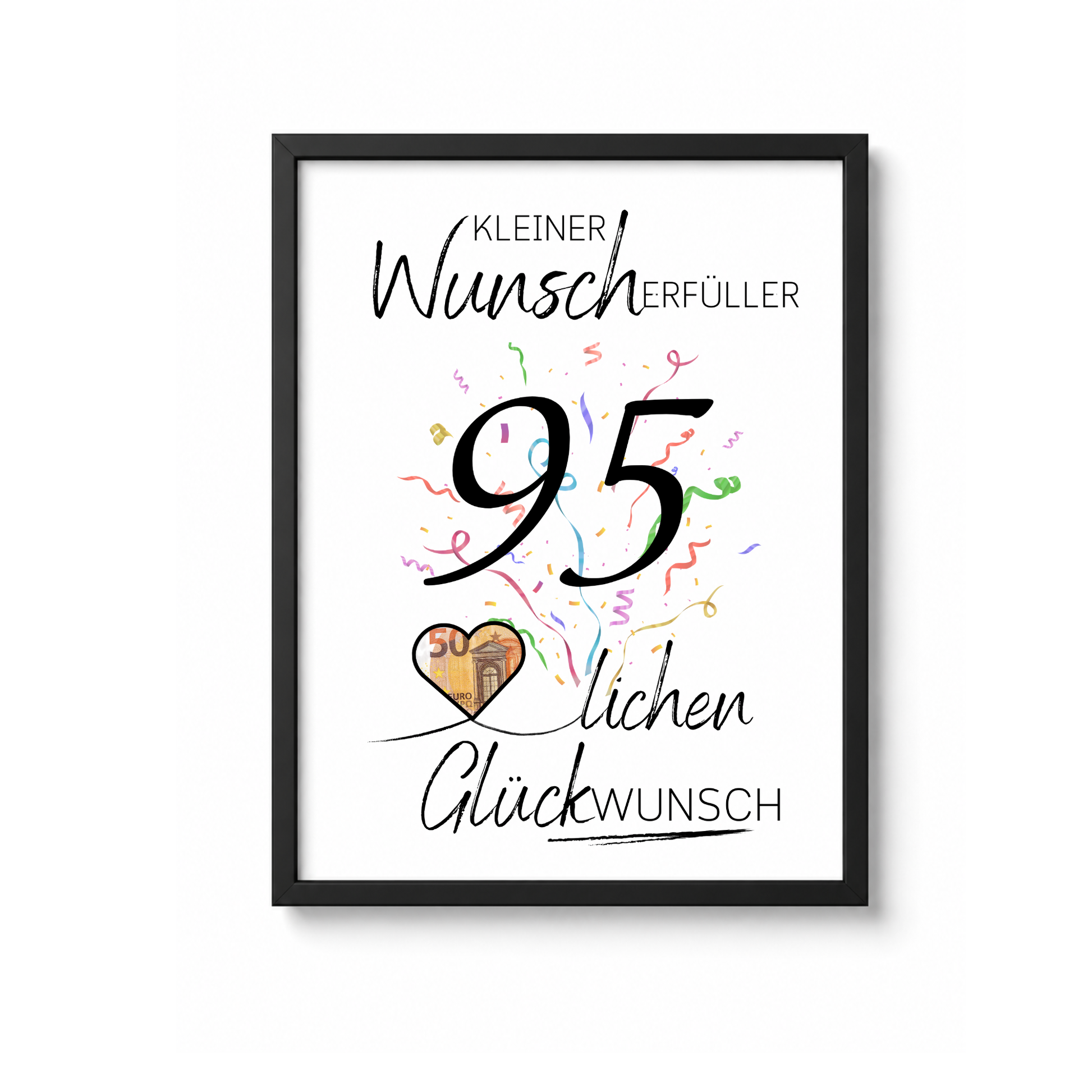 Geldgeschenk 95. Geburtstag Printable mit Konfetti, Schriftzug Kleiner Wunscherfüller, Herzmotiv für Geldschein und modernem Geburtstagsdesign zum Ausdrucken