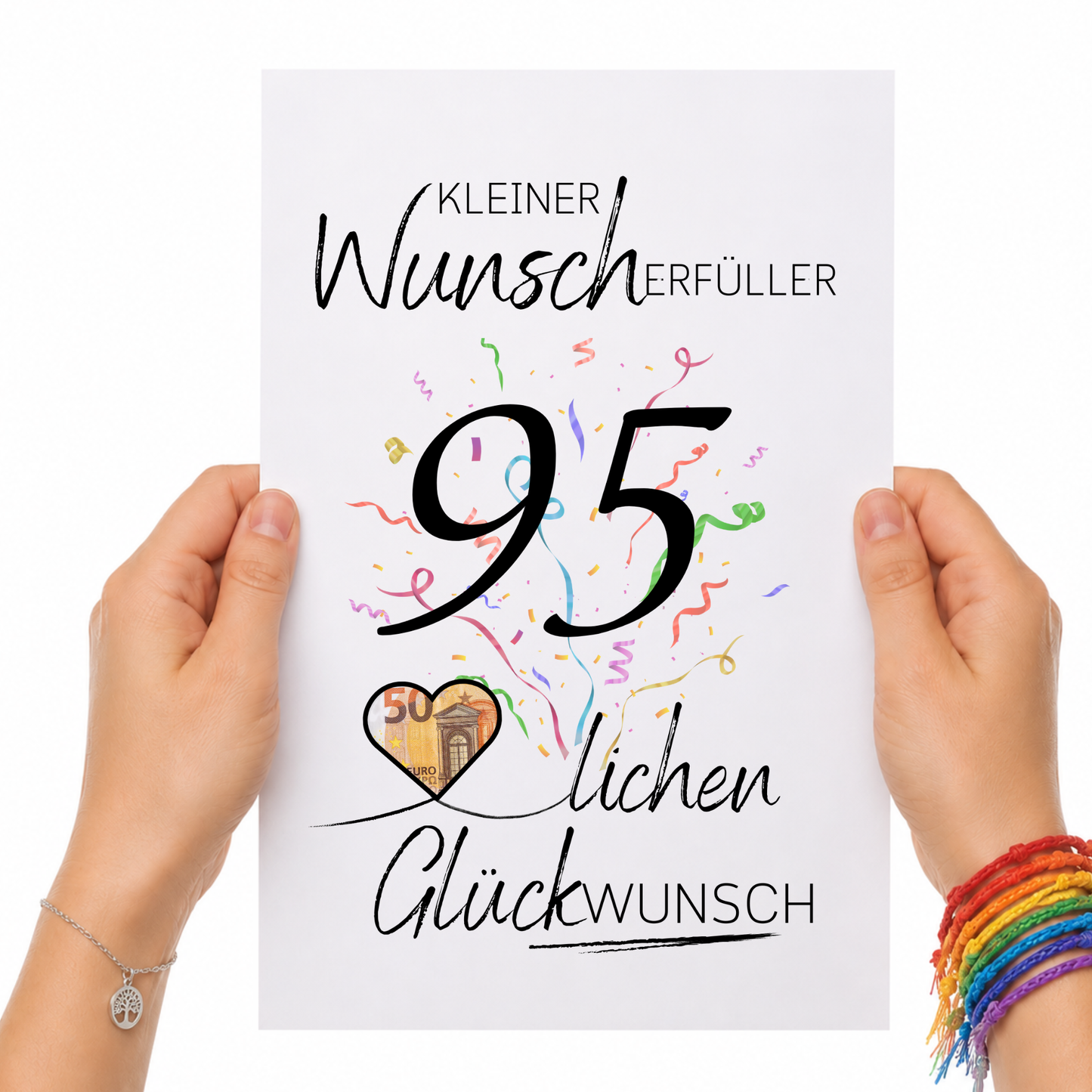 Geldgeschenk 95. Geburtstag Printable mit Konfetti, Schriftzug Kleiner Wunscherfüller, Herzmotiv für Geldschein und modernem Geburtstagsdesign zum Ausdrucken