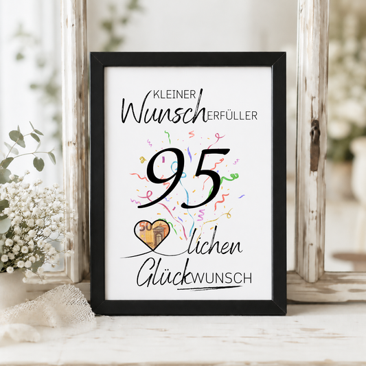 Geldgeschenk 95. Geburtstag Printable mit Konfetti, Schriftzug Kleiner Wunscherfüller, Herzmotiv für Geldschein und modernem Geburtstagsdesign zum Ausdrucken