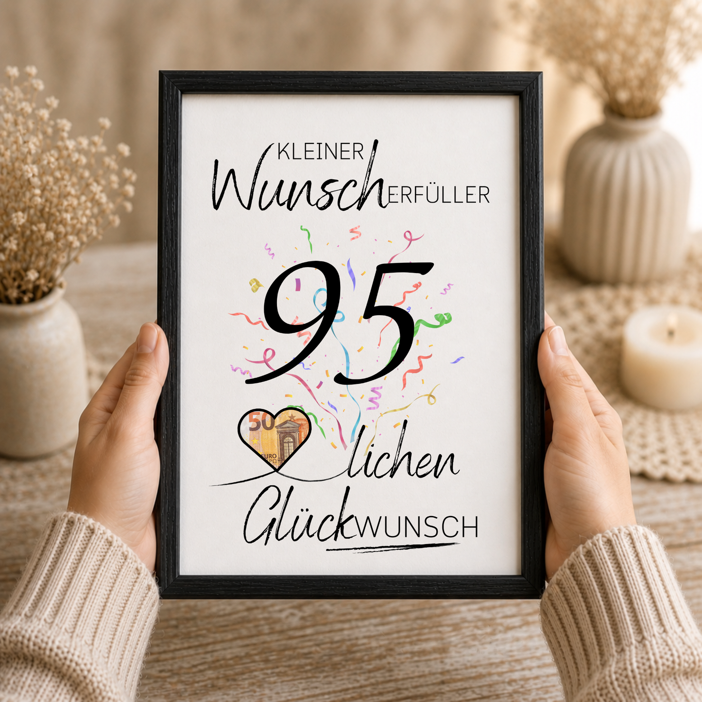 Geldgeschenk 95. Geburtstag Printable mit Konfetti, Schriftzug Kleiner Wunscherfüller, Herzmotiv für Geldschein und modernem Geburtstagsdesign zum Ausdrucken