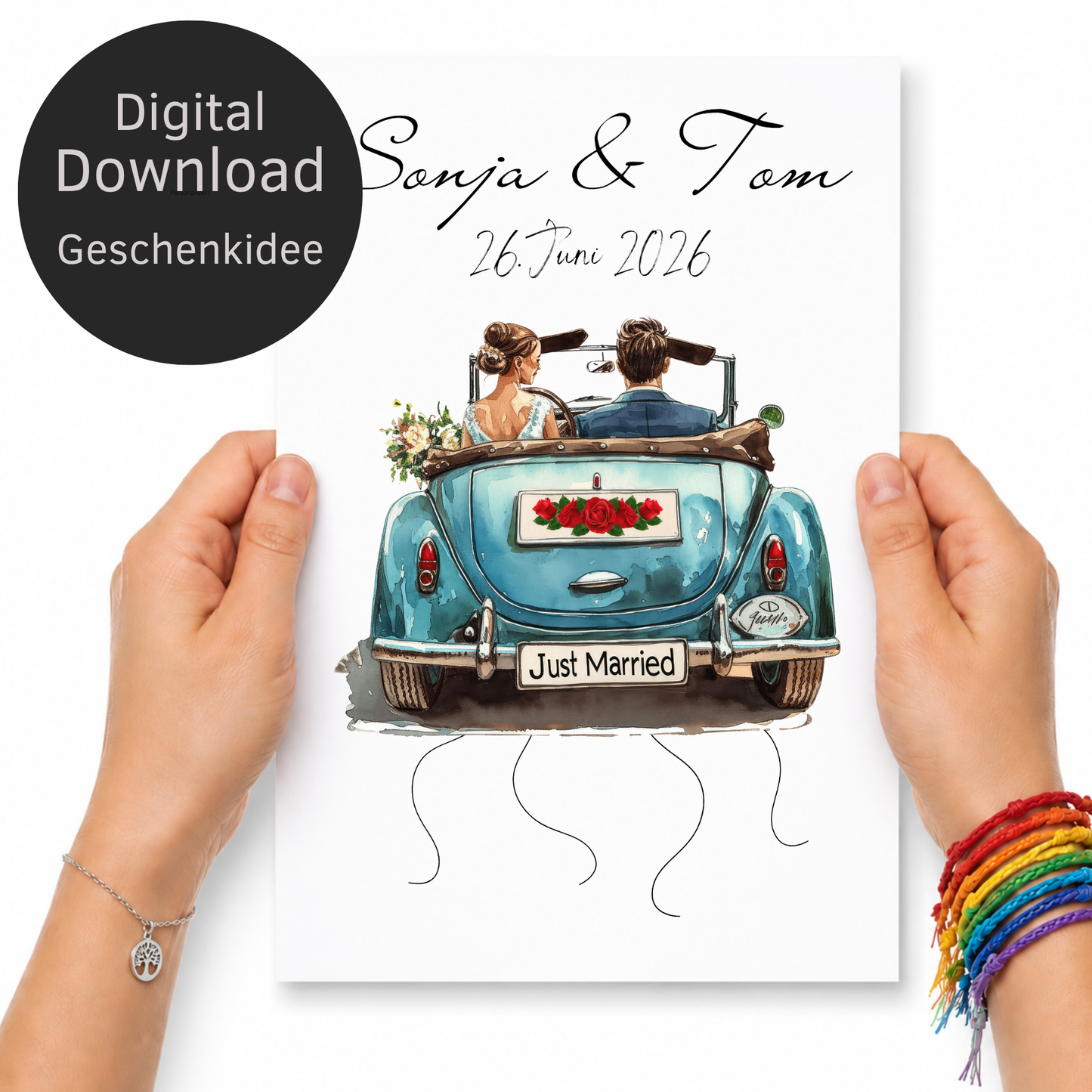 Personalisiertes Hochzeit Geldgeschenk Poster mit Namen und Datum, Brautpaar im blauen Cabrio, Just Married Motiv, Geldscheine zum Anhängen, DIN A4 Printable Download