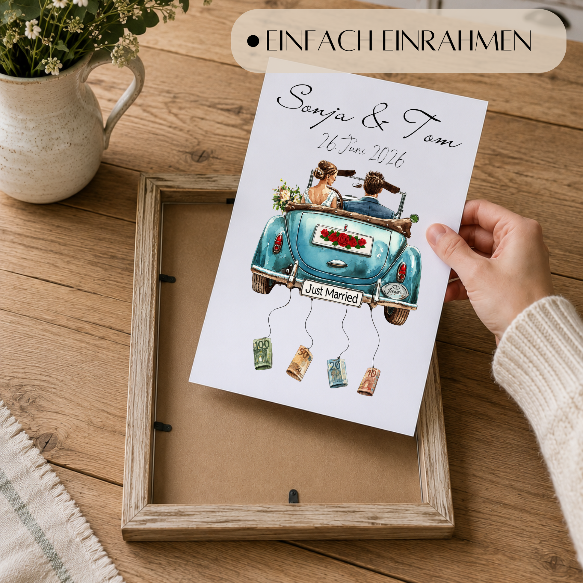 Personalisiertes Hochzeit Geldgeschenk Poster mit Namen und Datum, Brautpaar im blauen Cabrio, Just Married Motiv, Geldscheine zum Anhängen, DIN A4 Printable Download