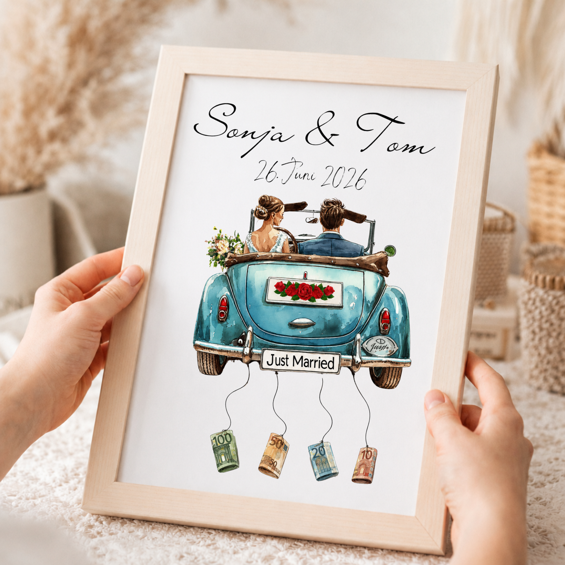 Personalisiertes Hochzeit Geldgeschenk Poster mit Namen und Datum, Brautpaar im blauen Cabrio, Just Married Motiv, Geldscheine zum Anhängen, DIN A4 Printable Download