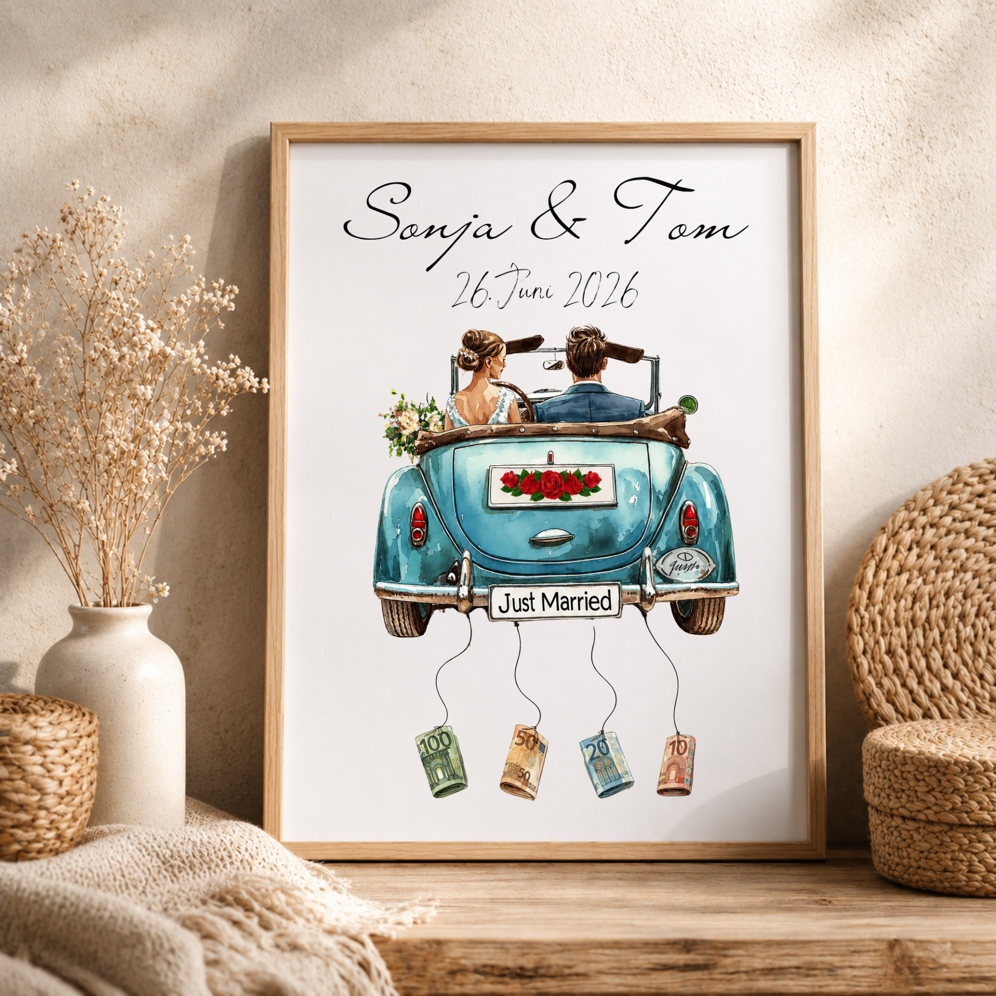 Personalisiertes Hochzeit Geldgeschenk Poster mit Namen und Datum, Brautpaar im blauen Cabrio, Just Married Motiv, Geldscheine zum Anhängen, DIN A4 Printable Download