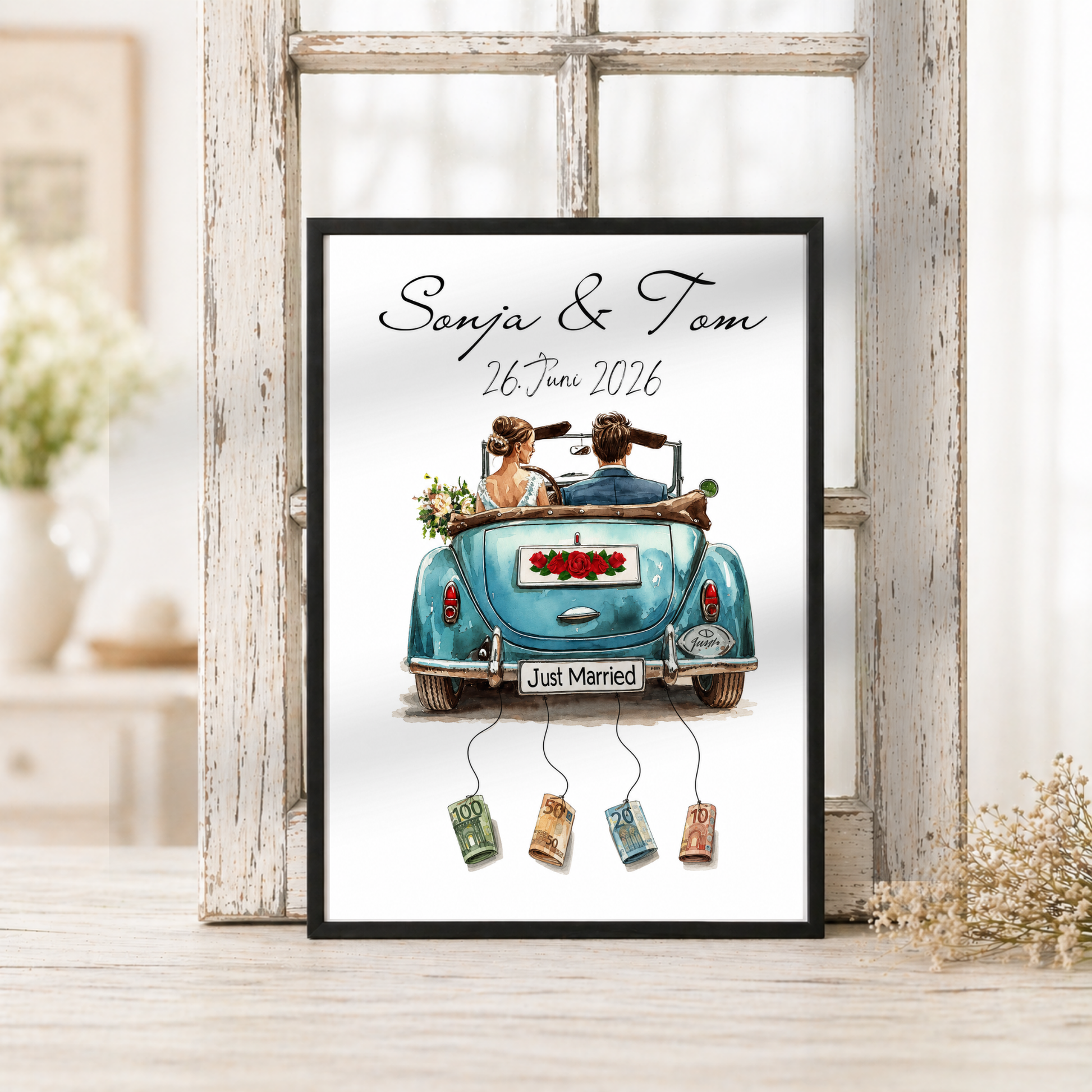 Personalisiertes Hochzeit Geldgeschenk Poster mit Namen und Datum, Brautpaar im blauen Cabrio, Just Married Motiv, Geldscheine zum Anhängen, DIN A4 Printable Download