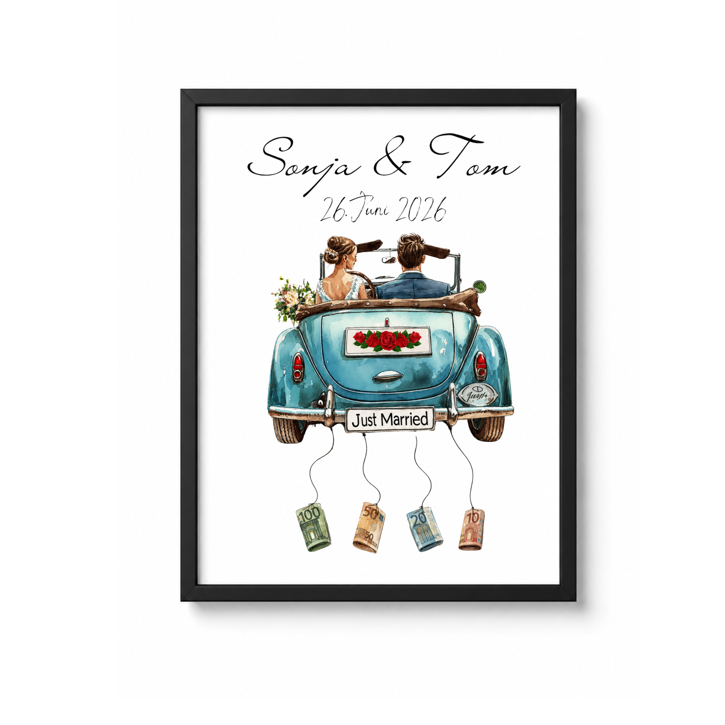 Personalisiertes Hochzeit Geldgeschenk Poster mit Namen und Datum, Brautpaar im blauen Cabrio, Just Married Motiv, Geldscheine zum Anhängen, DIN A4 Printable Download