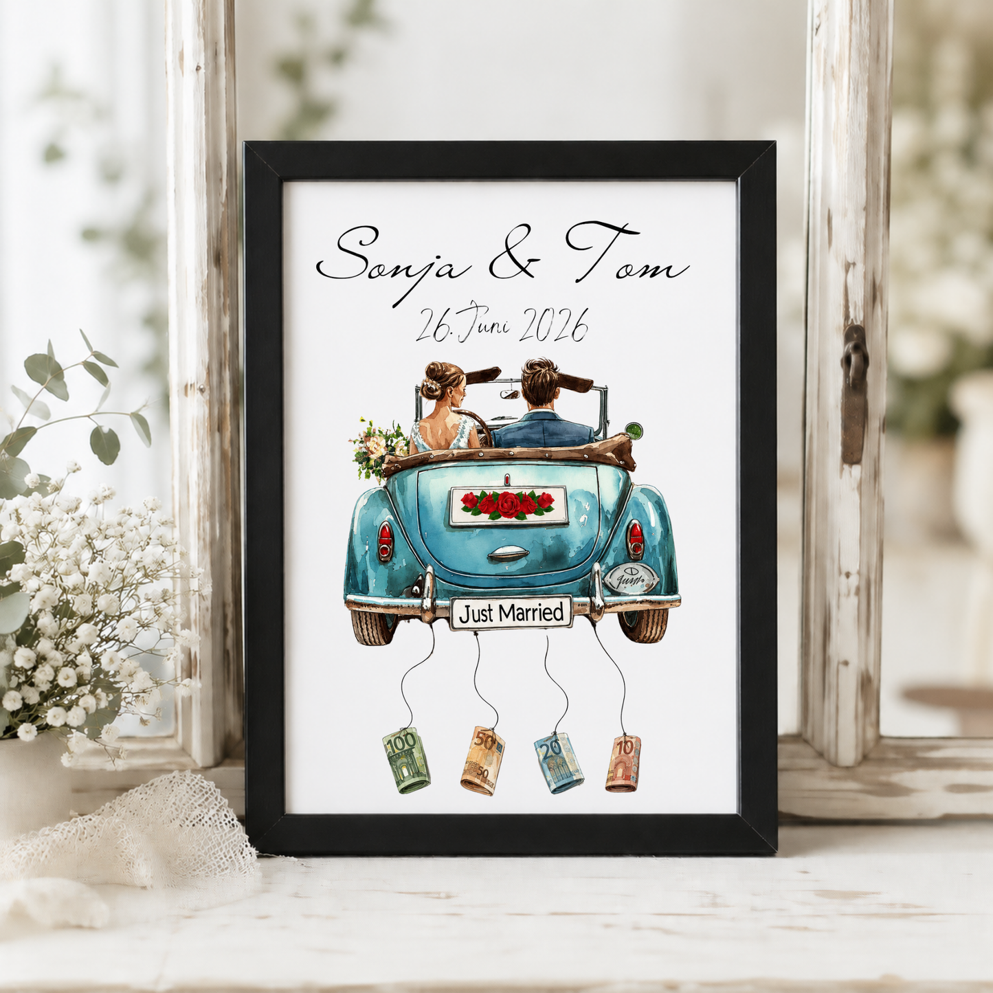 Personalisiertes Hochzeit Geldgeschenk Poster mit Namen und Datum, Brautpaar im blauen Cabrio, Just Married Motiv, Geldscheine zum Anhängen, DIN A4 Printable Download