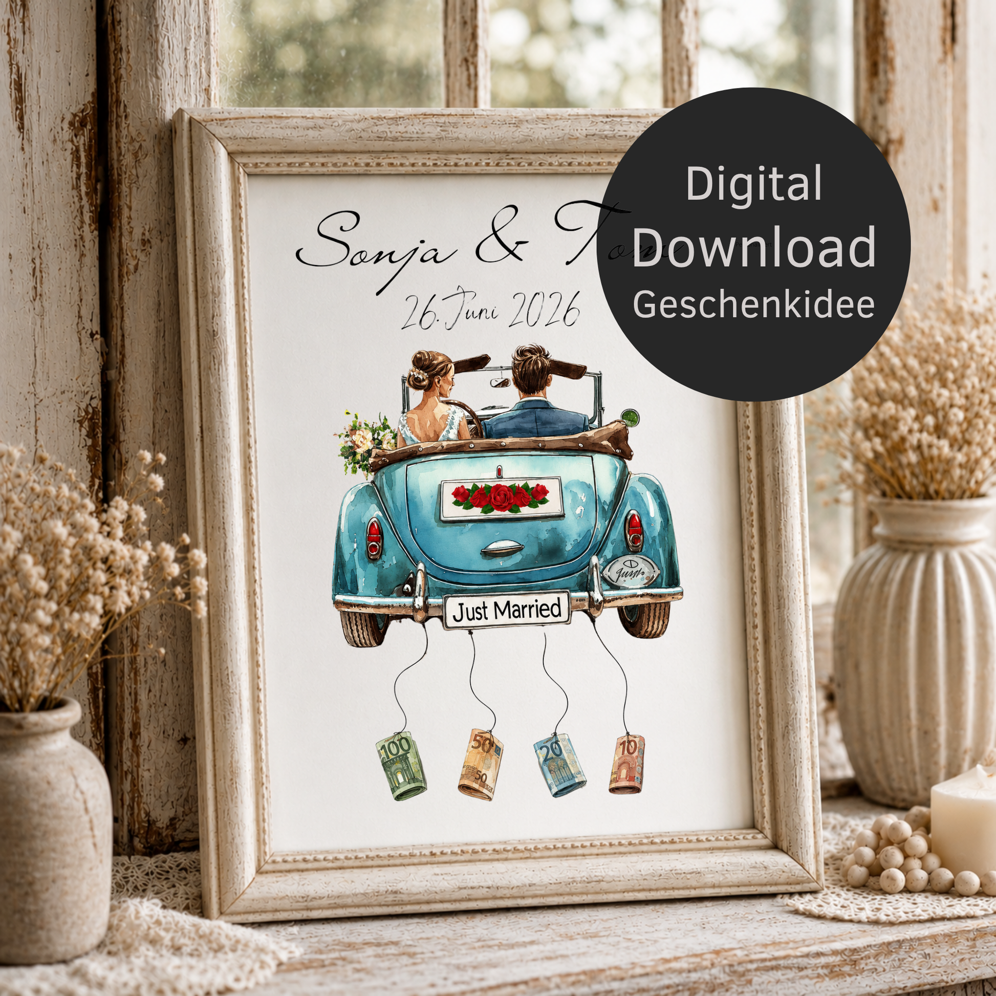 Personalisiertes Hochzeit Geldgeschenk Poster mit Namen und Datum, Brautpaar im blauen Cabrio, Just Married Motiv, Geldscheine zum Anhängen, DIN A4 Printable Download