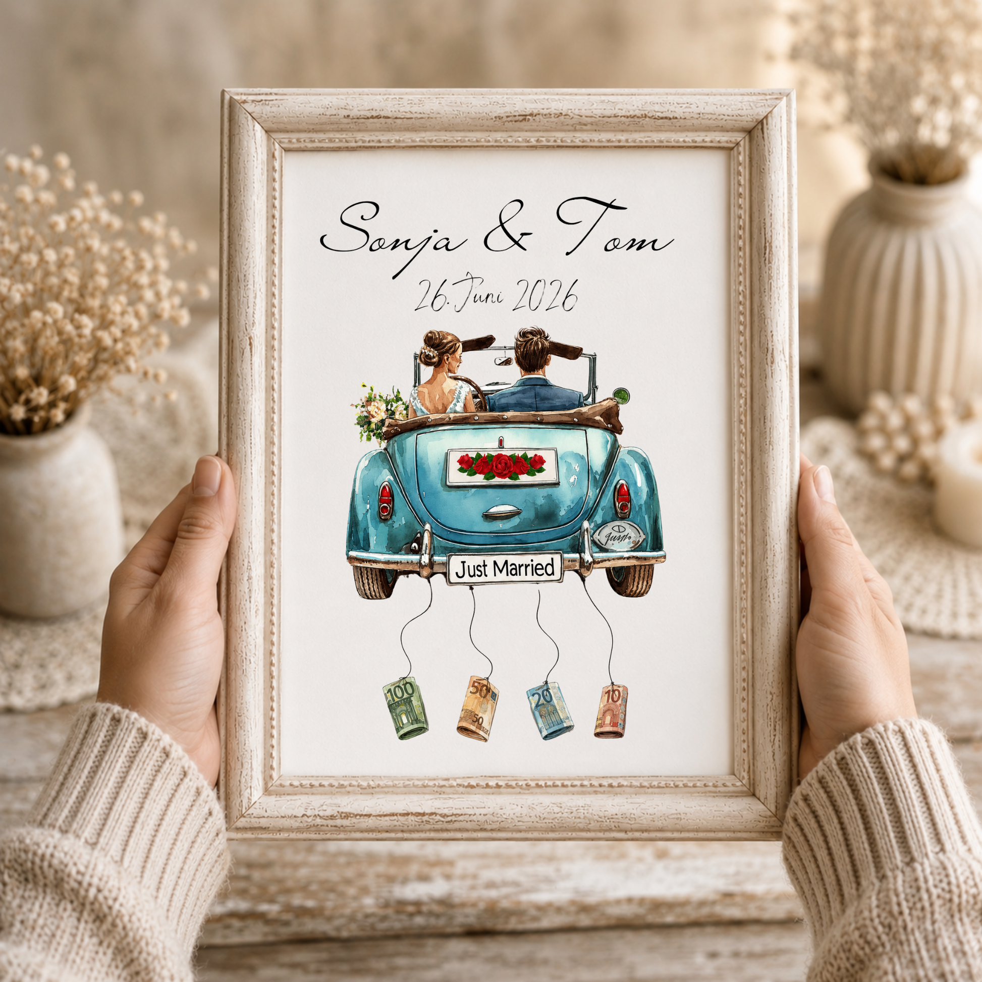 Personalisiertes Hochzeit Geldgeschenk Poster mit Namen und Datum, Brautpaar im blauen Cabrio, Just Married Motiv, Geldscheine zum Anhängen, DIN A4 Printable Download