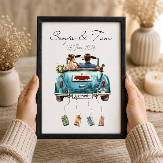 Personalisiertes Hochzeit Geldgeschenk Poster mit Namen und Datum, Brautpaar im blauen Cabrio, Just Married Motiv, Geldscheine zum Anhängen, DIN A4 Printable Download