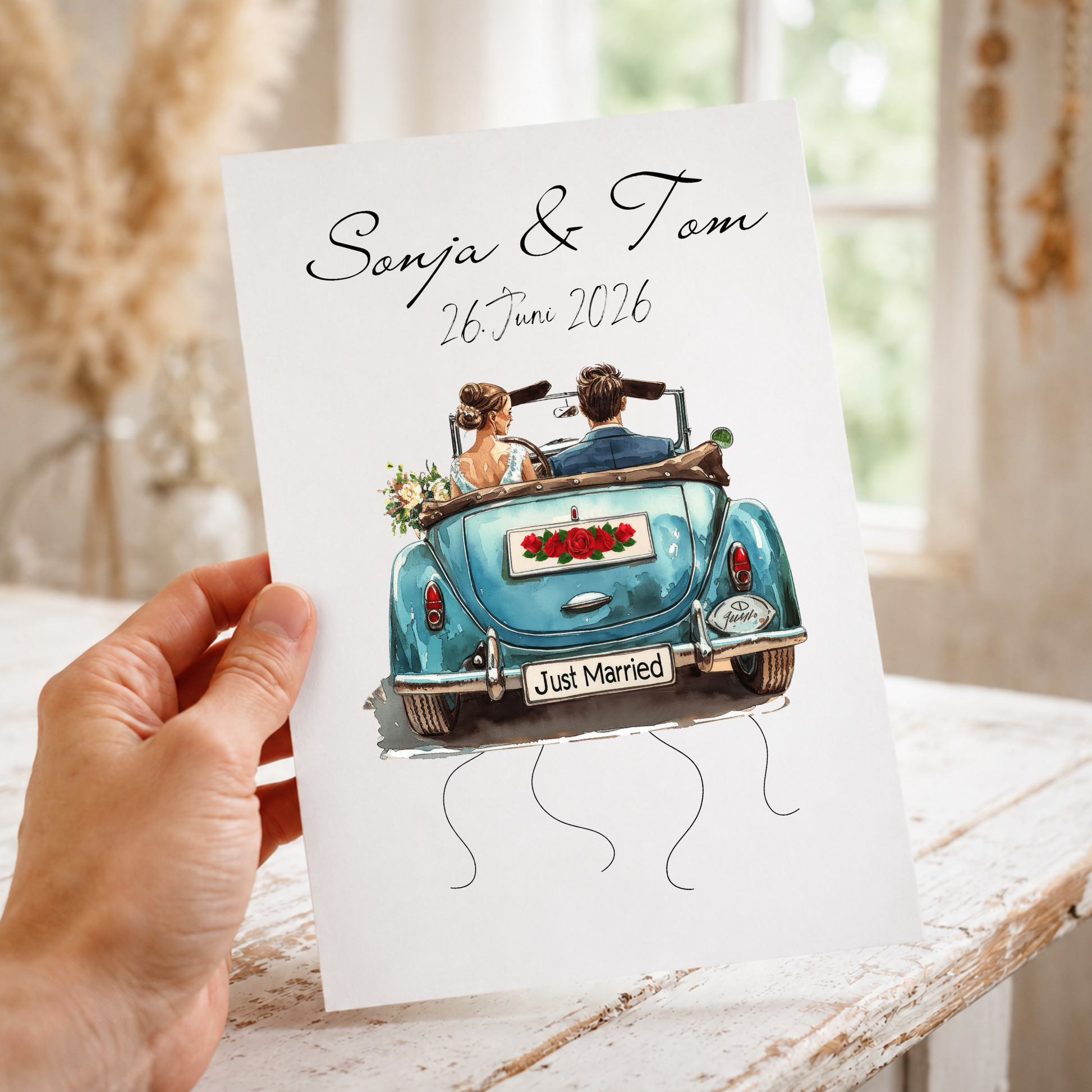 Personalisiertes Hochzeit Geldgeschenk Poster mit Namen und Datum, Brautpaar im blauen Cabrio, Just Married Motiv, Geldscheine zum Anhängen, DIN A4 Printable Download