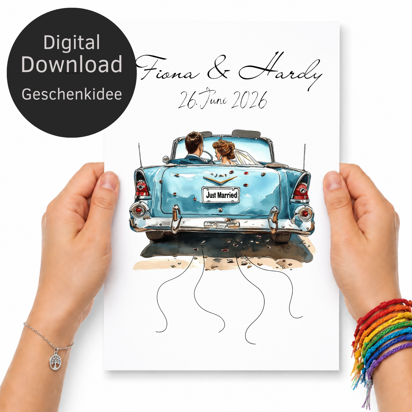 Personalisiertes Geldgeschenk Hochzeit mit Brautpaar im blauen Vintage Cabrio Just Married Poster zum Ausdrucken mit Namen und Datum als DIN A4 Printable