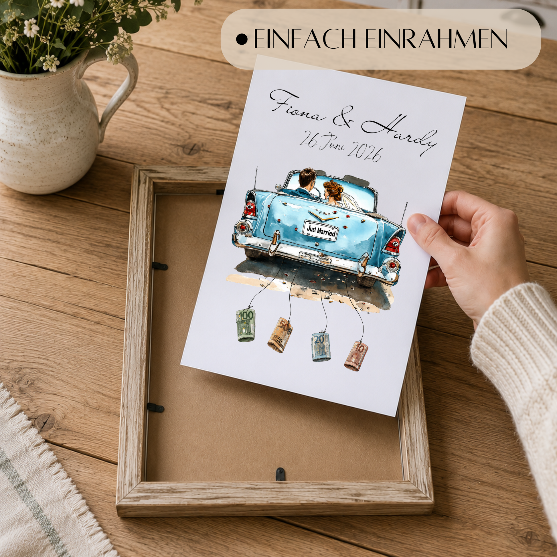 Personalisiertes Geldgeschenk Hochzeit mit Brautpaar im blauen Vintage Cabrio Just Married Poster zum Ausdrucken mit Namen und Datum als DIN A4 Printable