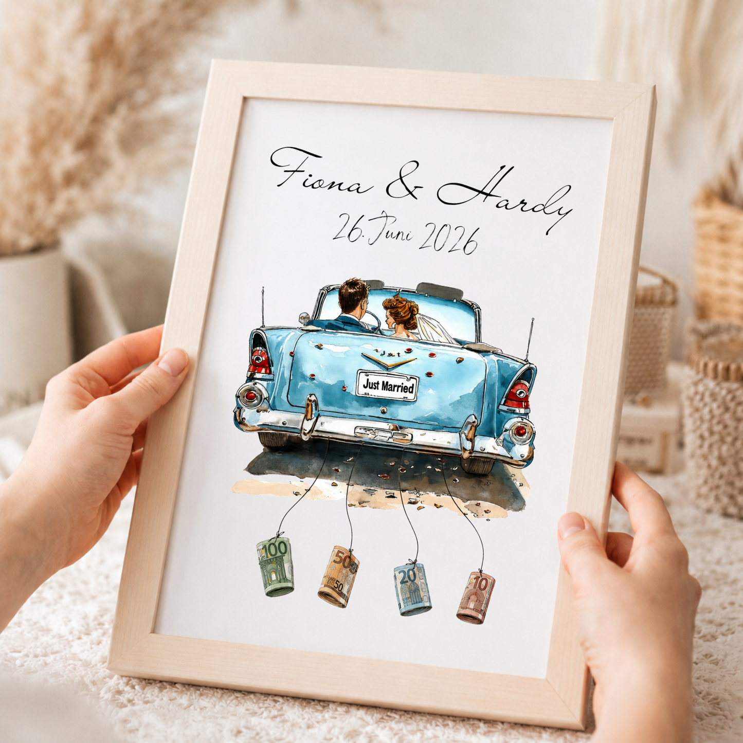 Personalisiertes Geldgeschenk Hochzeit mit Brautpaar im blauen Vintage Cabrio Just Married Poster zum Ausdrucken mit Namen und Datum als DIN A4 Printable