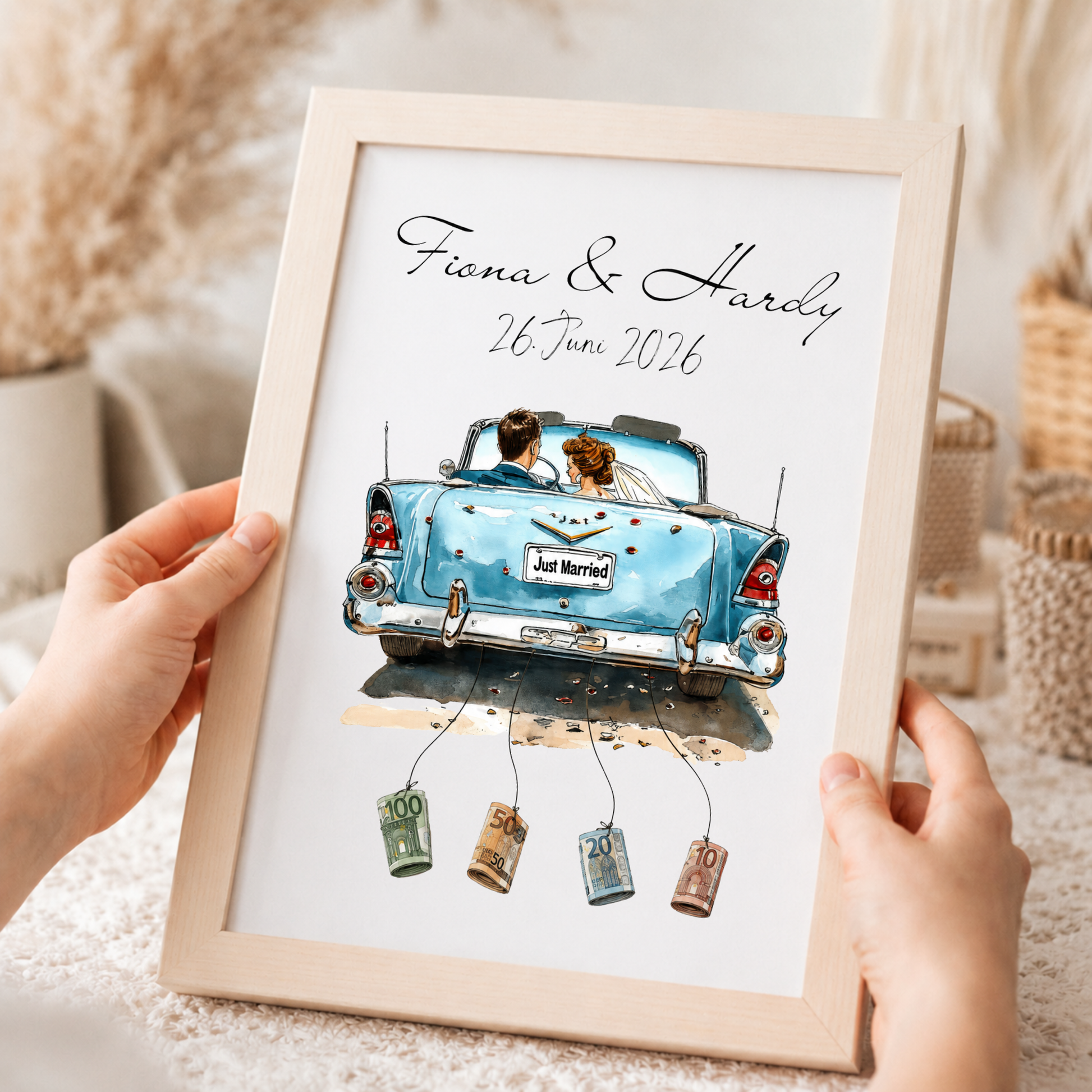 Personalisiertes Geldgeschenk Hochzeit mit Brautpaar im blauen Vintage Cabrio Just Married Poster zum Ausdrucken mit Namen und Datum als DIN A4 Printable