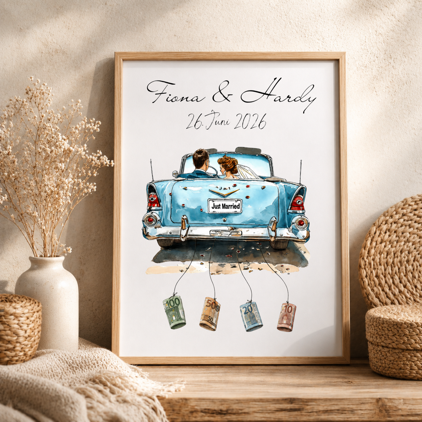 Personalisiertes Geldgeschenk Hochzeit mit Brautpaar im blauen Vintage Cabrio Just Married Poster zum Ausdrucken mit Namen und Datum als DIN A4 Printable
